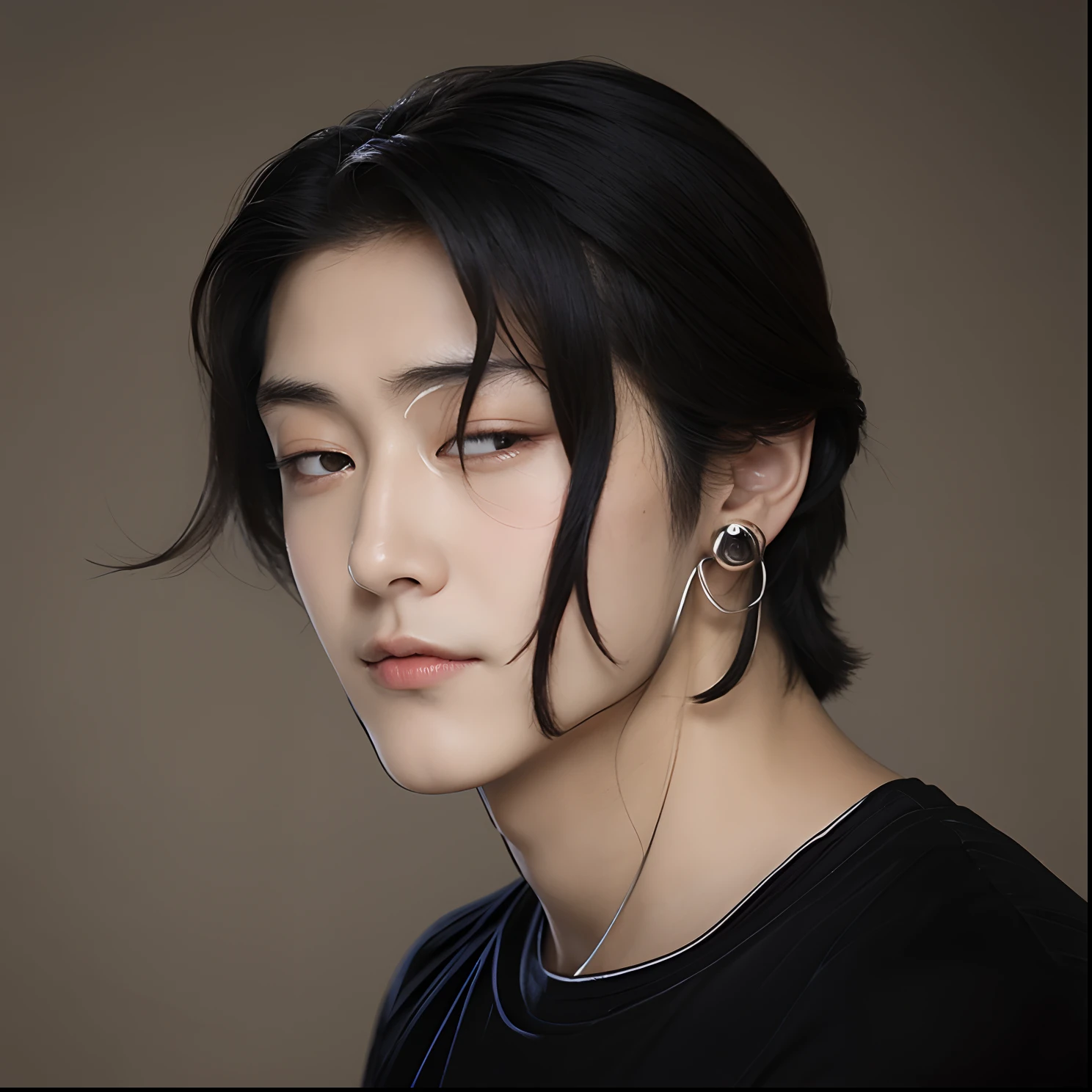 medium-length hair,fair-skinned, good-looking guy,earrings,Highest quality, beardless,m ature, slanted eyes, The man looking at the camera,black hair, single-edged eyelids, dark circles,beautiful skin, beautiful, He has a well defined nose, graceful
