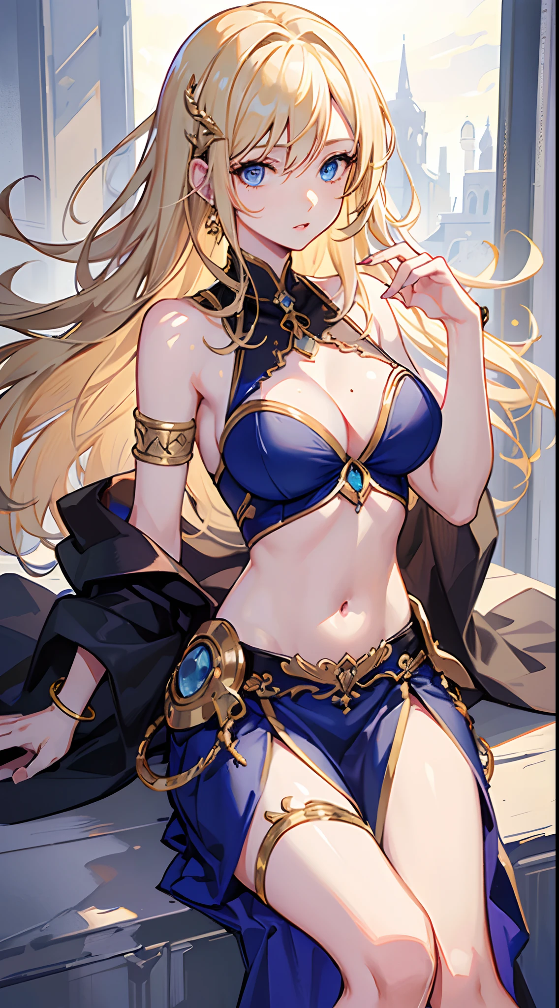 masterpiece, (bestquality), highlydetailed, ultra-detailed, blonde hair, blue eyes, long hair, looking at viewer, realistic, solo, bare shoulders, clothing cutout, cleavage, large breasts, thighs, armlet, bangle, bracelet, jewelry, hair ornament, fingernails, lips, parted lips, mole, navel, navel cutout