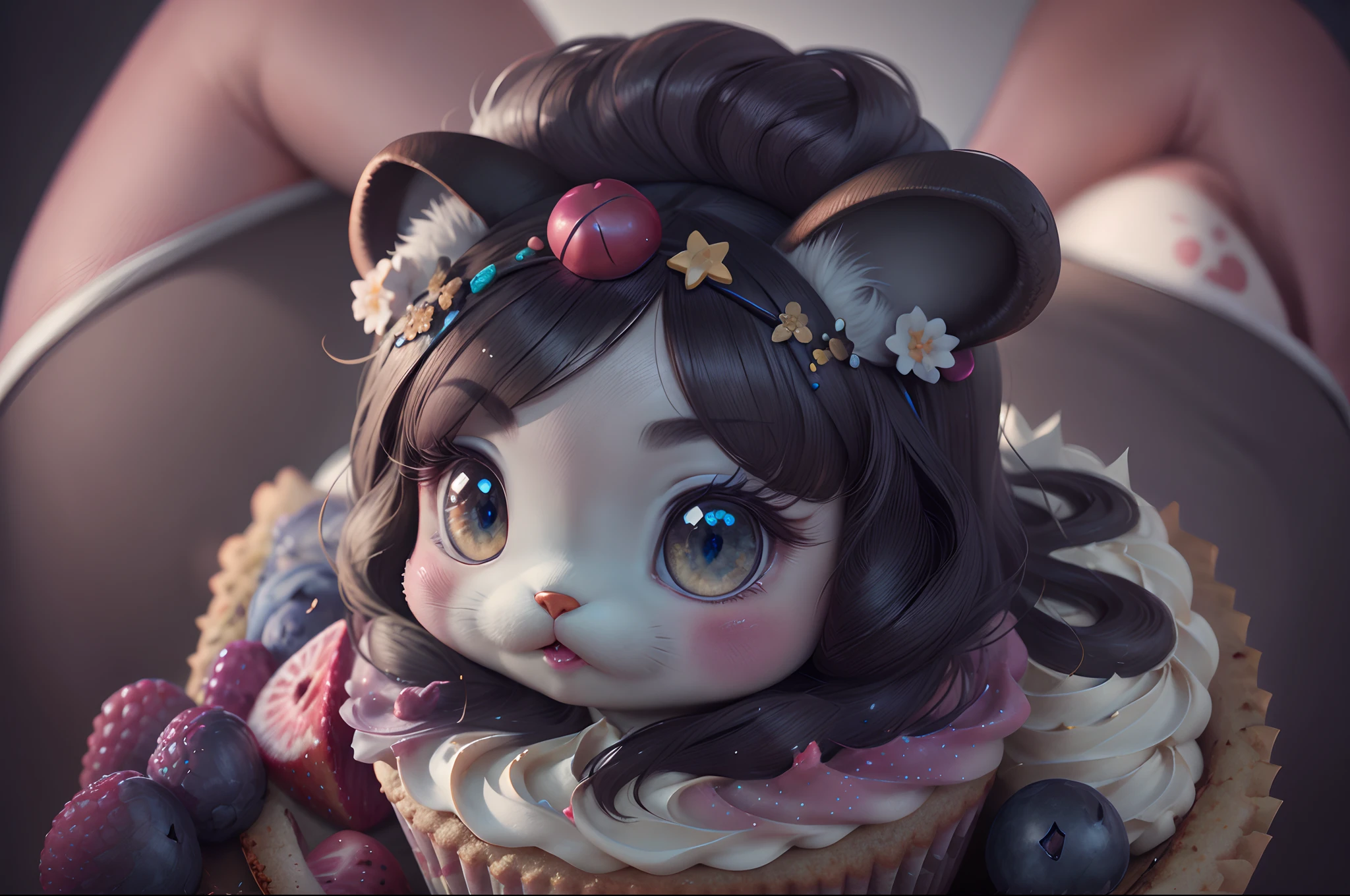 Hello kitty as a cupcake god being worshipped by her fruit people followers