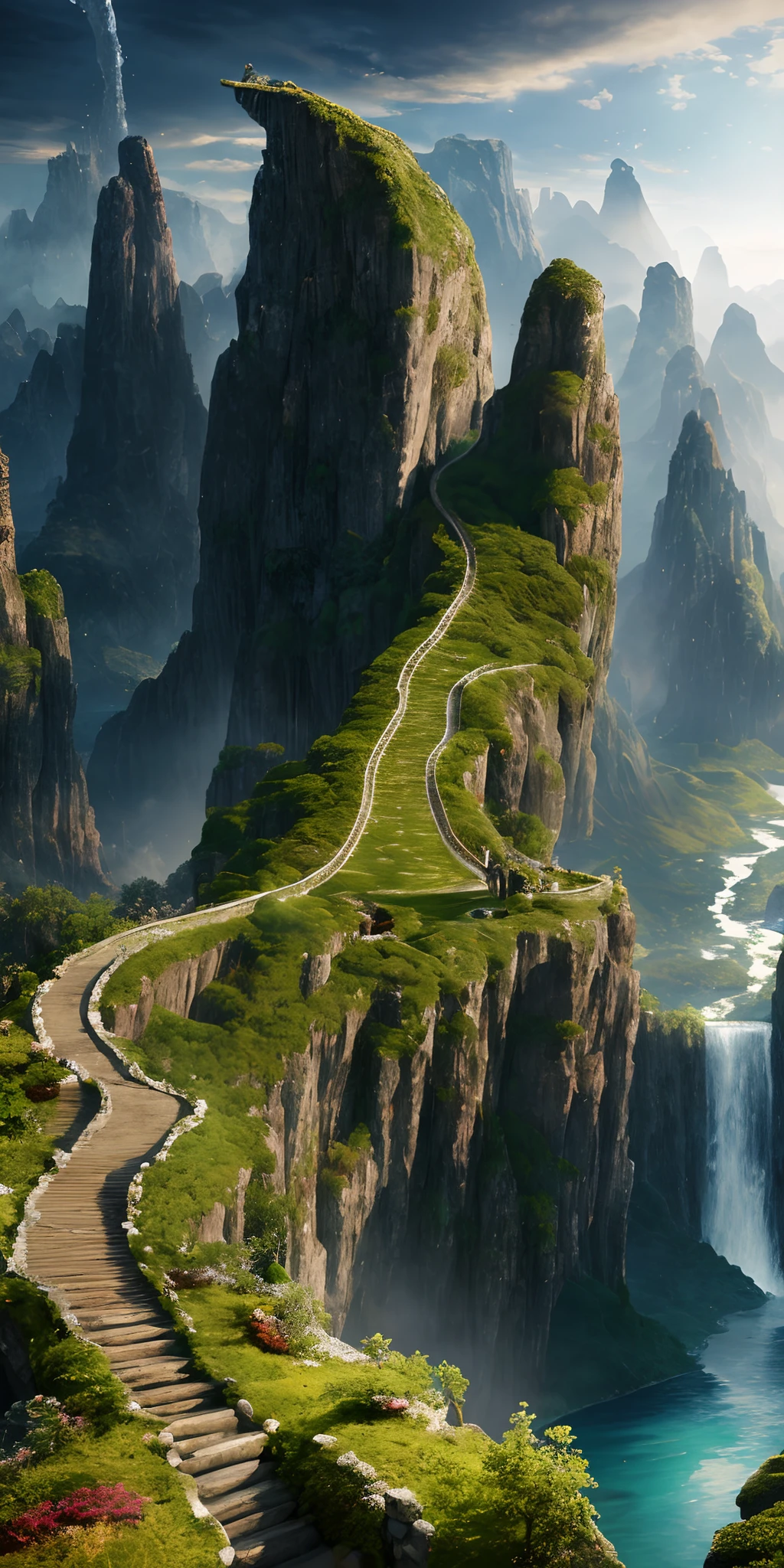 masterpiece, best quality, high quality, extremely detailed CG unity 8k wallpaper, scenery, outdoors, sky, cloud, day, no humans, mountain, landscape, water, tree, blue sky, waterfall, cliff, nature, lake, river, cloudy sky,award winning photography, Bokeh, Depth of Field, HDR, bloom, Chromatic Aberration ,Photorealistic,extremely detailed, trending on artstation, trending on CGsociety, Intricate, High Detail, dramatic, art by midjourney