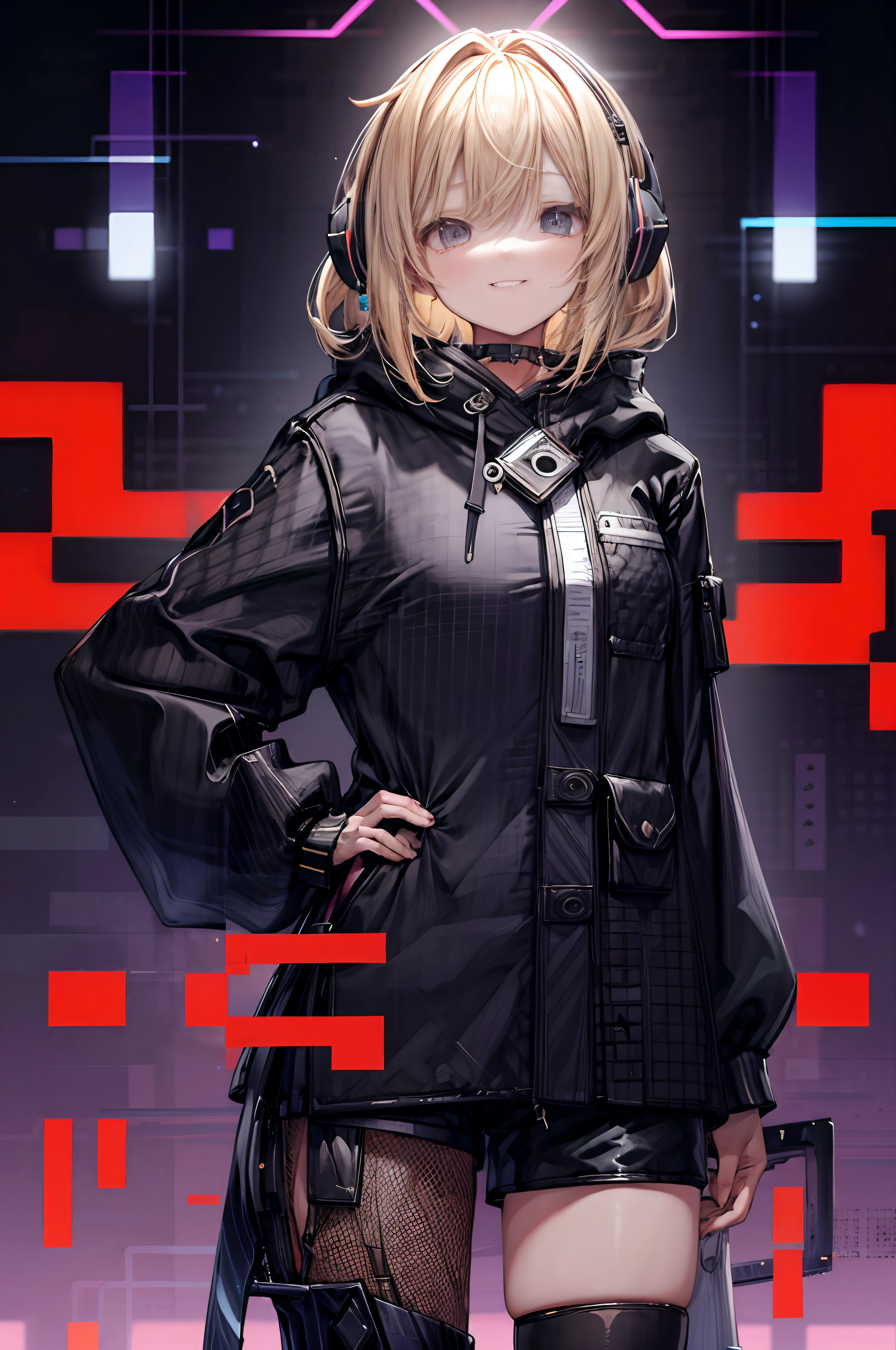 One girl, Blonde hair, Medium Hair, Long bangs, 1 blade on the side, headphones, hair between eye, tusk, Smile, Black oversized cardigan with hood, Shorts, from the front side, (portfolio),  Colorful background, (glitch art: 1.3), ultra-quality, super fine details, hyper detailed background,