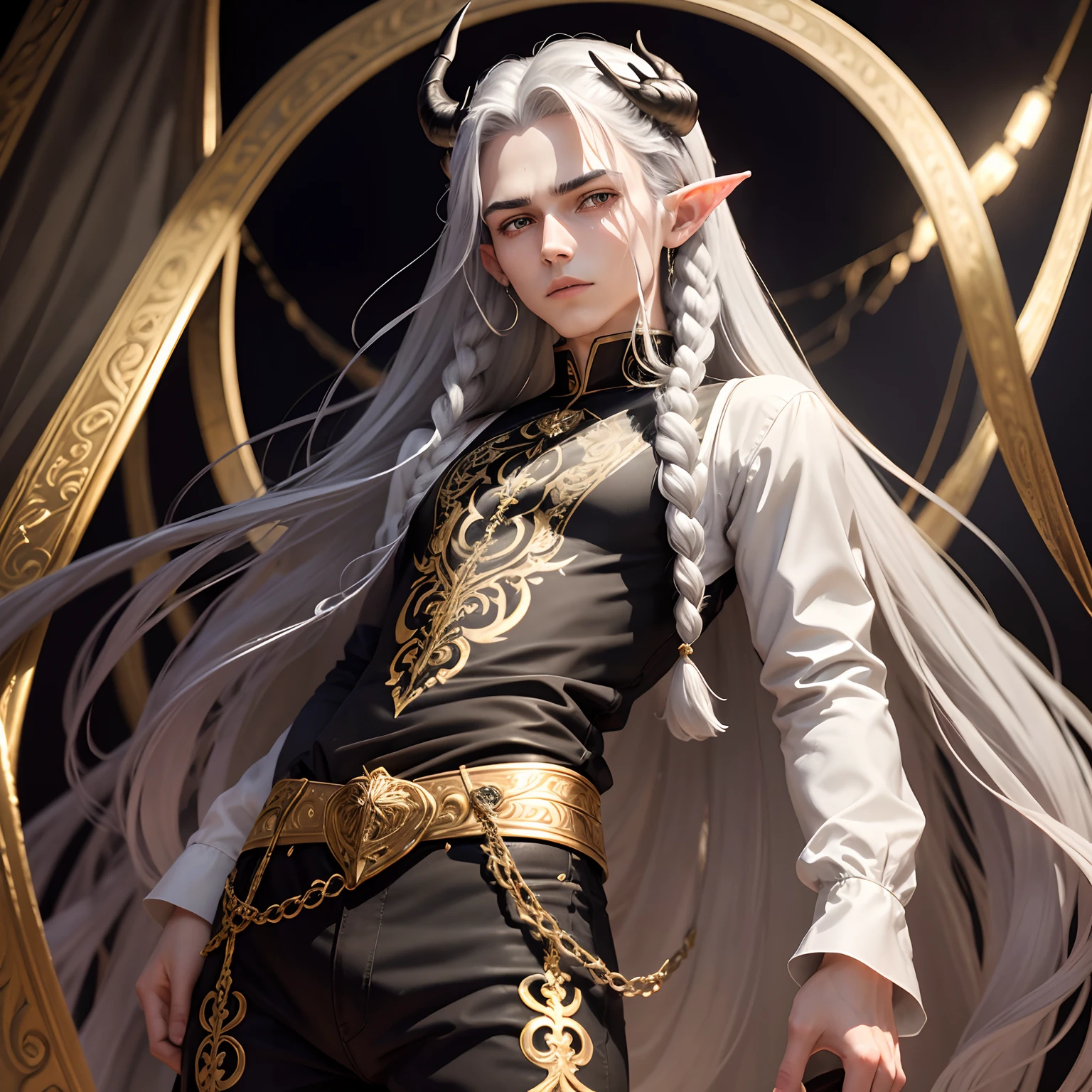 2d, masterpiece, best quality, highly detailed face, highly detailed eyes, highly detailed background, perfect lighting, solo, Fae Prince, green, nature, fairy, 
Gender: Male
Age: centuries old, but appears to be in his 20s
Complexion: pale, smooth, ethereal, his hands are black that fades into his skin color
Body: tall, Lithe, Lanky, black claw-like fingers, Angular sharp face, slightly noticeable sharp incisors, sharp elf-like ears, big gray eyes, he has a pair of brown antler-like horns and large delicate iridescent fairy wings
Height: 7 feet tall
Eyes: Grey, Stormy, Light, round downturned-shaped, 
Hair: Silky, long curly inky black hair, usually flowing behind him, with braids blended in
Clothes: flowy tunic shirt tucked into tight trousers. excessive silver and gold jewelery, wears a lot of precious metals and flowy ornate fabrics to signify his royalty