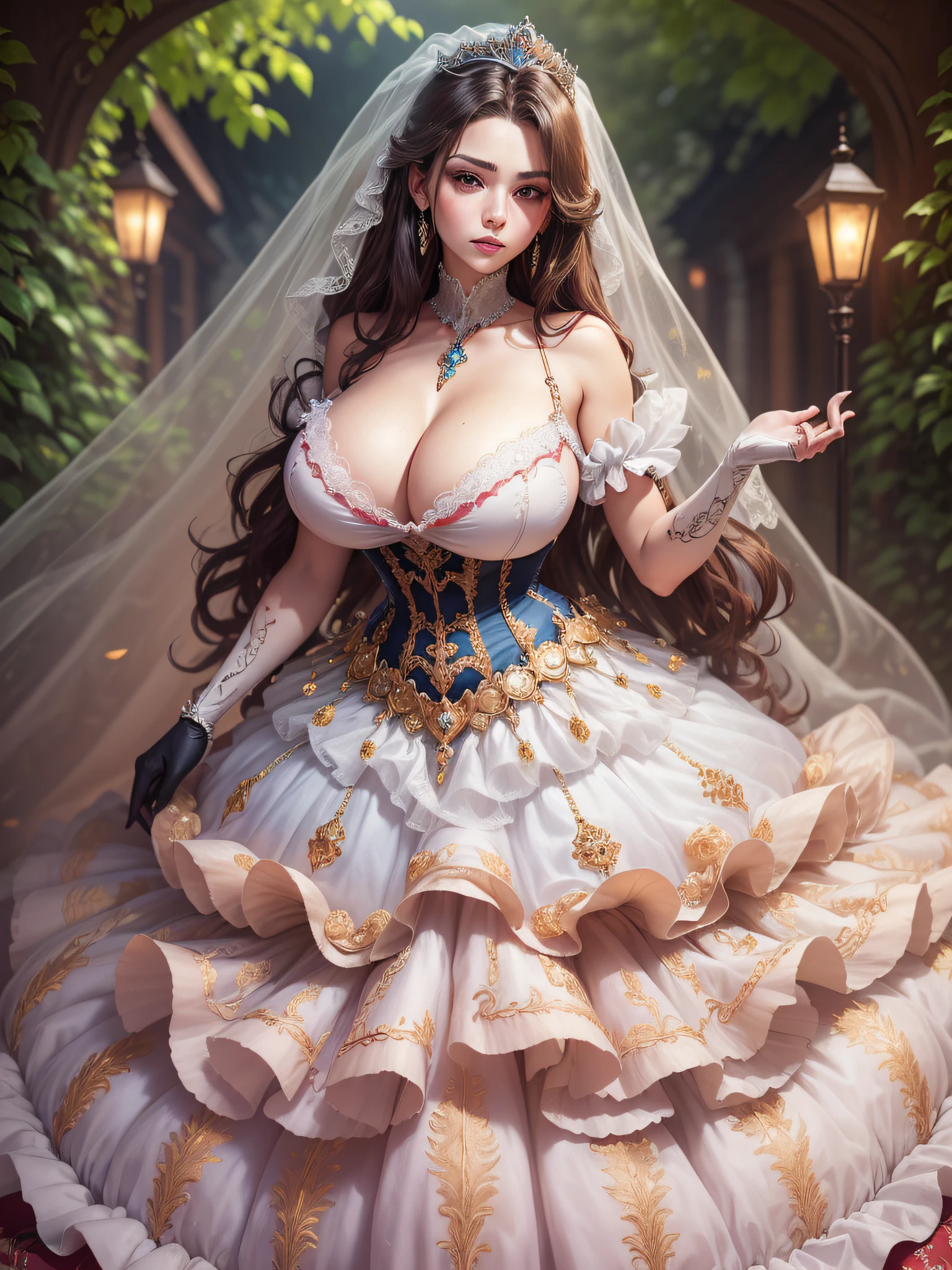 ((anime artstyle)),(Masterpiece),(Best Quality), (Super Detail),((Very Delicate and Beautiful)),cinematic lighting,1 girl,((full body portrait)),((standing in garden)),((solo)),(((1 fairytale princess in gorgeous embroidery and jeweled extremely gorgeous princess ballgown with voluminous full length hoop skirt))),an hourglass waist,padded and corseted bodice,(((huge crinoline hoopskirt))),long train,((gorgeous embroidery and jeweled)),voluminous frills,See-through,(gorgeous embroidery and beautiful lace),(((extremely gigantic tits,skindentation))),cleavage,((large amount of straight hair,extremely voluminous Straight long Hair,Very Long Straight Hair)),(finely detailed face and eyes),clear pupil,extremely gorgeousfull hair ornament,(bling-bling jeweled extremely gorgeousfull tiara),(bling-bling gorgeous gemstone jewelry),gorgeous long veil,((opera gloves)),(beautiful background),(full body),((gorgeous embroidery and jeweled extremely gorgeous princess ballgown with voluminous full length hoop skirt))