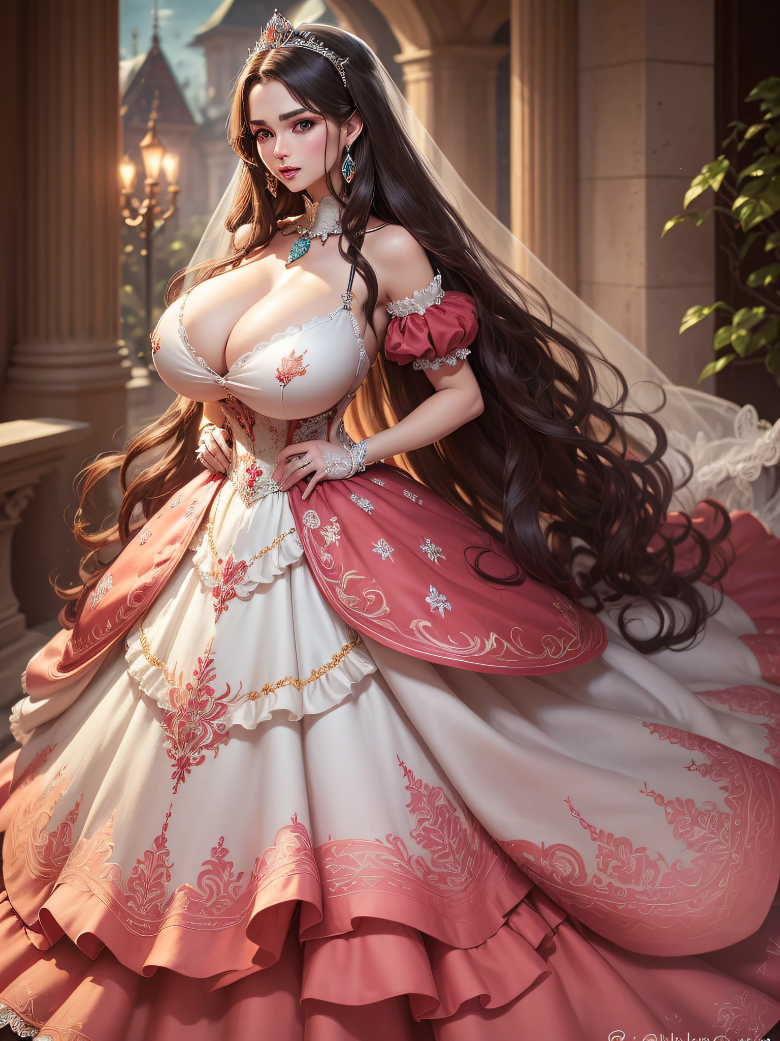 ((anime artstyle)),(Masterpiece),(Best Quality), (Super Detail),((Very Delicate and Beautiful)),cinematic lighting,1 girl,((full body portrait)),((standing in garden)),((solo)),(((1 fairytale princess in gorgeous embroidery and jeweled extremely gorgeous princess ballgown with voluminous full length hoop skirt))),an hourglass waist,padded and corseted bodice,(((huge crinoline hoopskirt))),long train,((gorgeous embroidery and jeweled)),voluminous frills,See-through,(gorgeous embroidery and beautiful lace),(((extremely gigantic tits,skindentation))),cleavage,((large amount of straight hair,extremely voluminous Straight long Hair,Very Long Straight Hair)),(finely detailed face and eyes),clear pupil,extremely gorgeousfull hair ornament,(bling-bling jeweled extremely gorgeousfull tiara),(bling-bling gorgeous gemstone jewelry),gorgeous long veil,((opera gloves)),(beautiful background),(full body),((gorgeous embroidery and jeweled extremely gorgeous princess ballgown with voluminous full length hoop skirt))