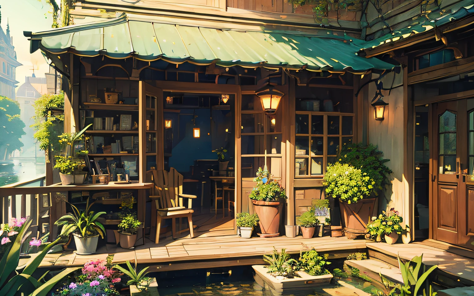 (micro-landscape:1.5),(best quality), ((masterpiece)), (highres), illustration, original, extremely detailed wallpaper, no humans, window, scenery, plant, water, potted plant, outdoors, building, door, house, flower pot, day, lily pad, chair, flower, table, stairs, watermark, hat, tree, sunlight, pond, grass, indoors, reflection, lamp, balcony, black headwear, bush, night sky, railing, wet, desk, open window, shelf, leaf, book, web address, copyright name, ladder, architecture, shadow, solo, dated, vines, vase, city, cafe, lantern, bucket, ruins, bench, shop, signature, moss, boat, barrel, river,