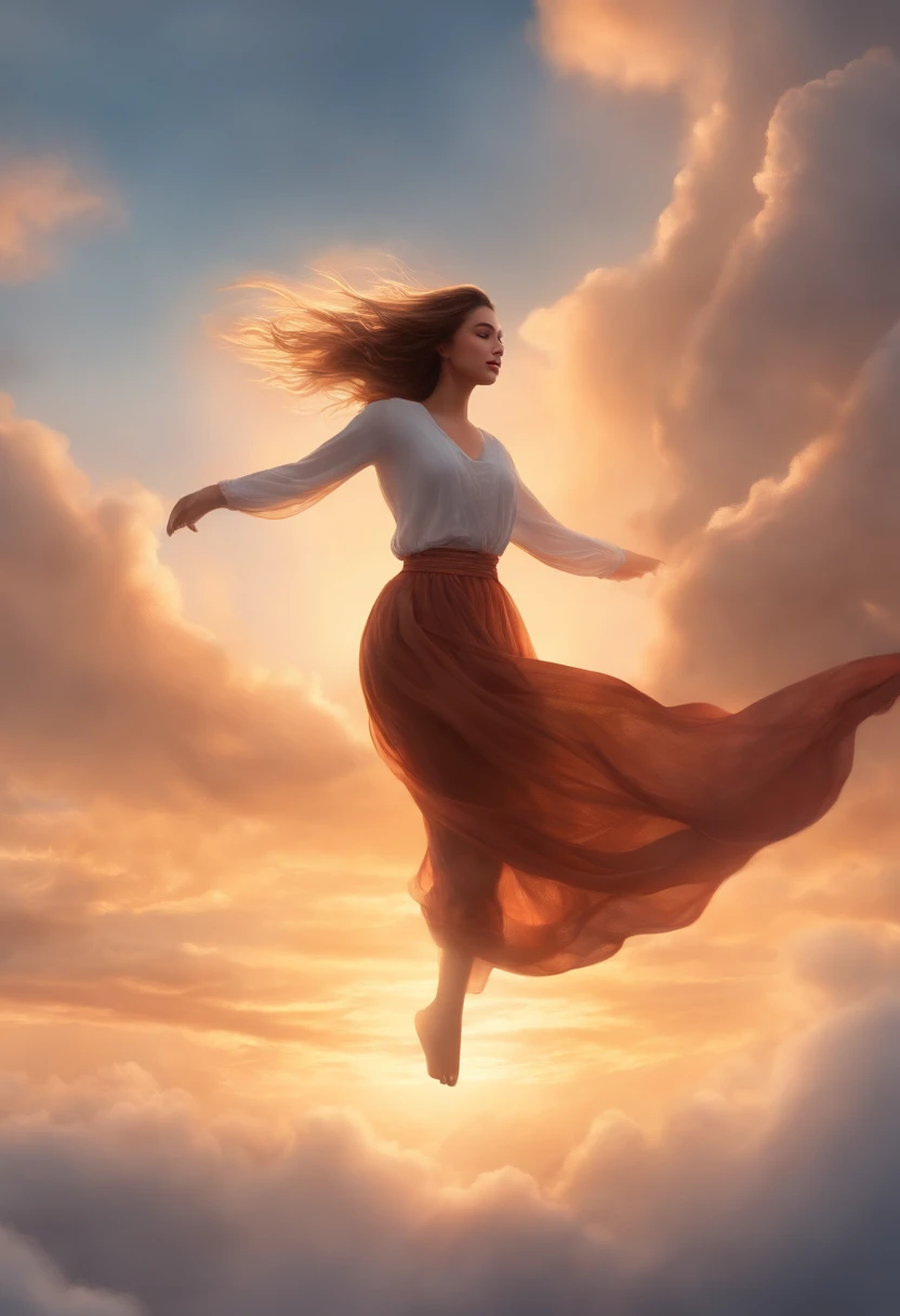 masterpiece, best quality, realistic, 1girl, illustration of a girl floating in the sky, scarf, floating hair, close-up, warm soft lighting, sunset, cloud, cloudy sky, (sparks:0.7), (light particles:1.1), volumetric lighting, smug, smirk