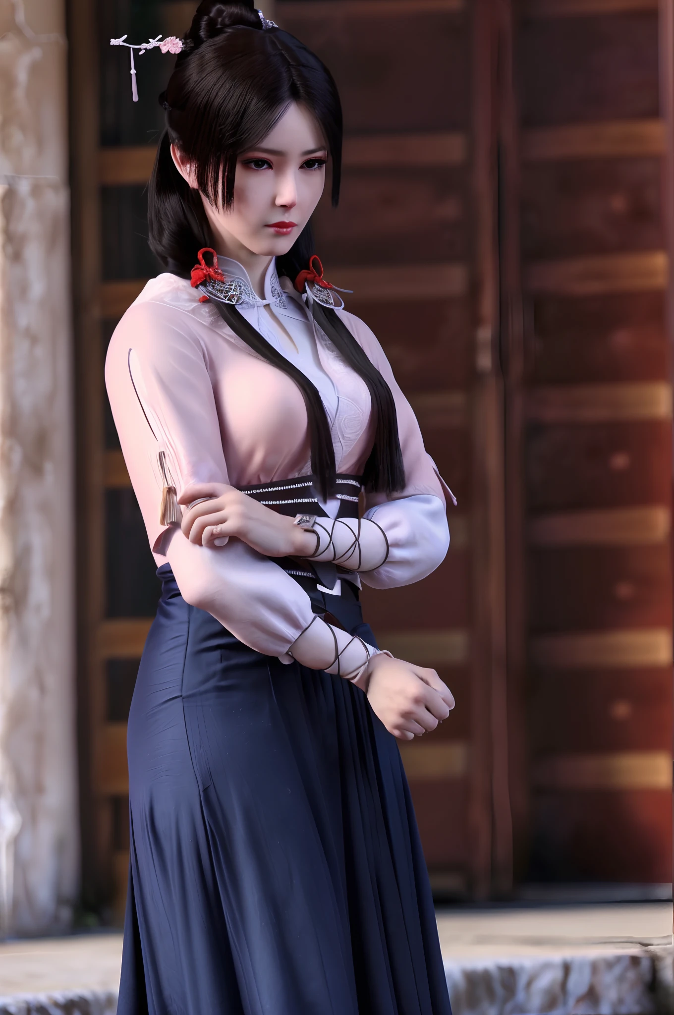 masterpiece,best quality,1girl, black_hair, breasts, china_dress, chinese_clothes, dress, hair_ornament,cowboy shot,dynamic pose, dynamic angle,