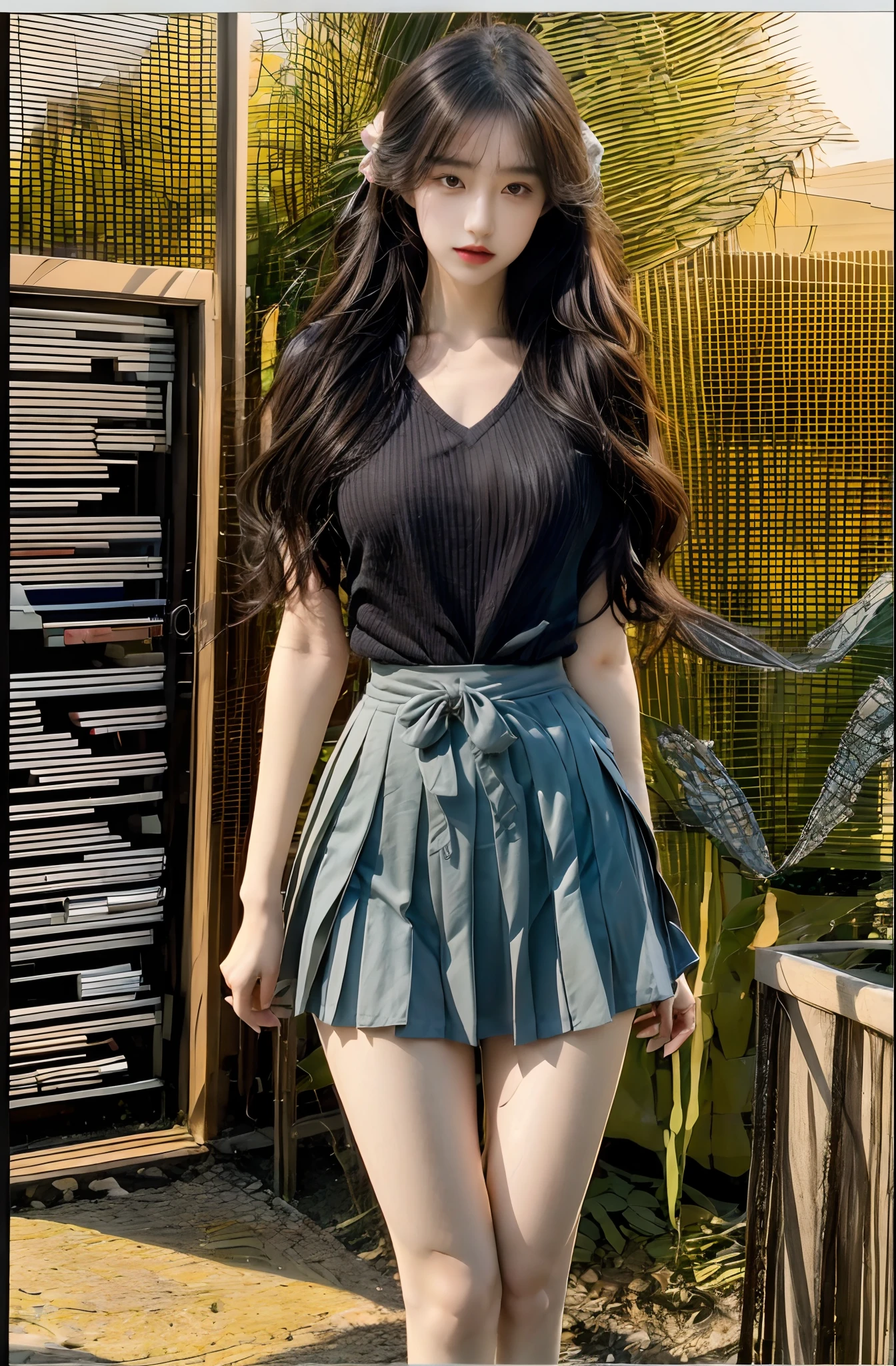 Masterpiece, Best Quality, (Realistic, Photo Realistic: 1.37), 8K, An Extremely Delicate and Beautiful, Amazing, Fine Detail, Official Art, Absurd, Incredibly Absurd, Huge File Size, Ultra Detailed, Extremely Detailed, Beautiful Meticulous Girl, 1 Girl, (Perfect Female Figure), Full Body, Short Skirt, Long Legs,