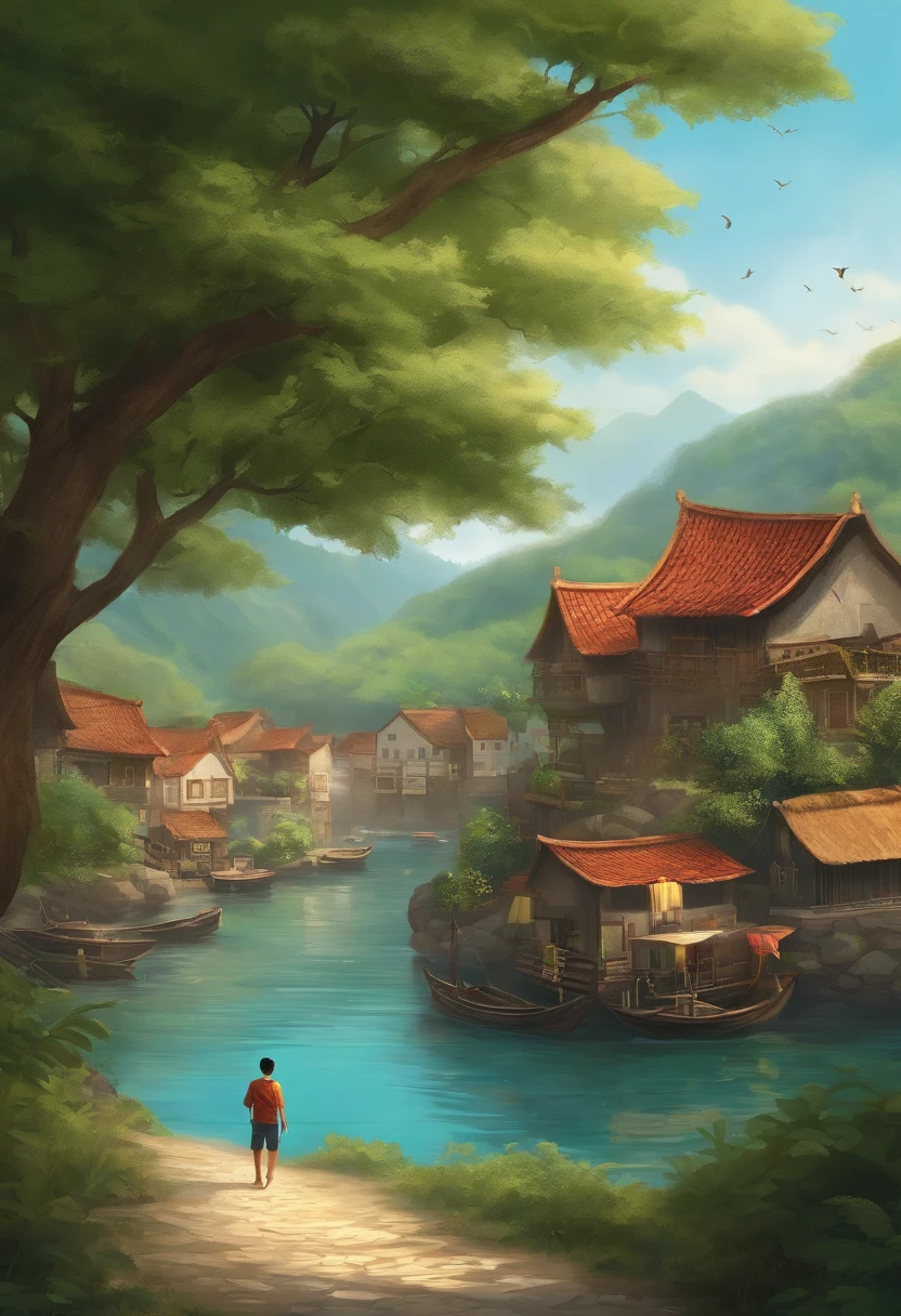 Draw a scene of a small fishing village,In the distance is the turquoise ocean,and the sun was shining brightly。A tall tree stands in the center of a small fishing village,The trees are full of foliage。Yangyang is a lively and cute boy,Wear a fish basket on your head,Turn your back to the reader,Walking expectantly towards the stone-paved path。