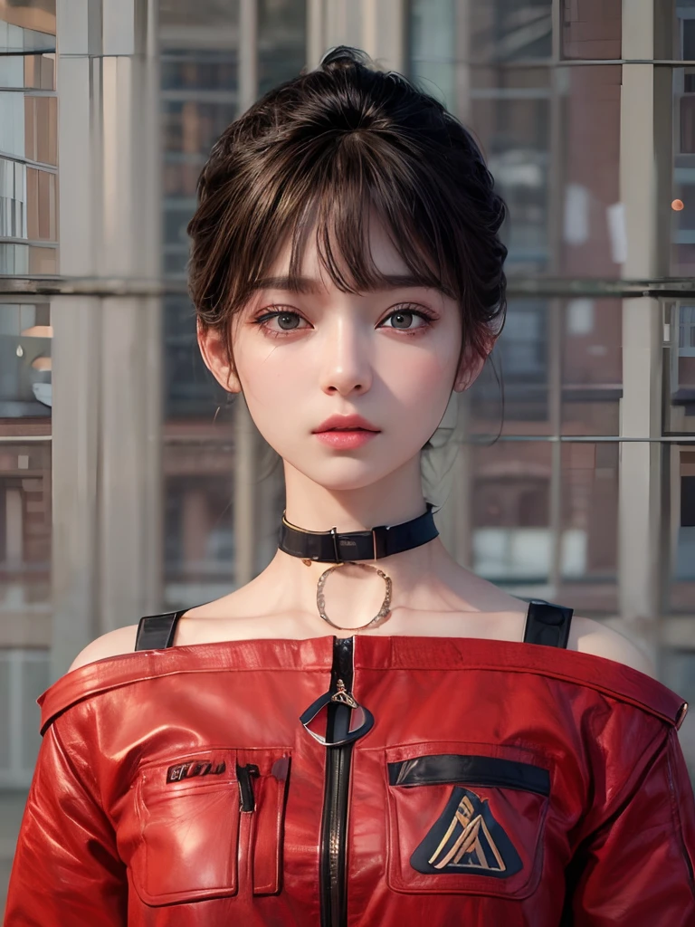 ((medium breast, tomboy girls, small head)),  (chiseled abs : 1.1), (perfect body : 1.1), (short wavy hair : 1.2) , auburn hair, collar, chain, full body shot, crowded street, wearing black tanktop, jeans jacket, ((shorts)), (extremely detailed CG 8k wallpaper), (an extremely delicate and beautiful), (masterpiece), (best quality:1.0), (ultra highres:1.0),  beautiful lighting ,perfect lightning, realistic shadows, [highres], detailed skin, ultra-detailed (((colorful)))