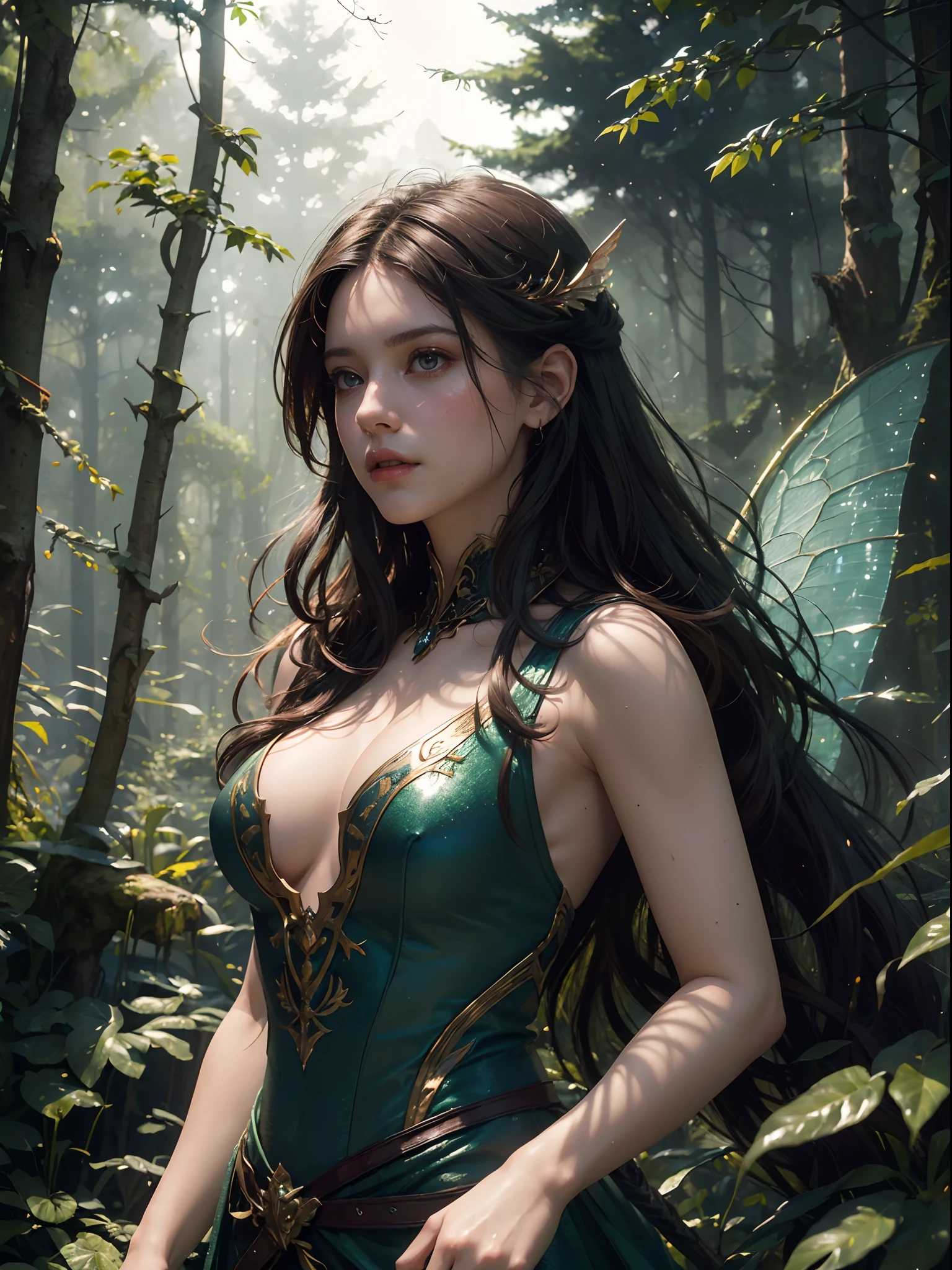 photorealistic, (fantasy:1.4), (by Greg Rutkowski: 1.2), (masterpiece), ((best quality)), extremely delicate and beautiful, illustration, dynamic lighting, dynamic pose upper body, (eyes, bright:1.3), ((beautiful pixie in thick forest floating between trees)), ((elegant glittering wings)), beautiful dark green, hair From Brian Froud and Carne Griffiths and Wadim Kashin and John William Waterhouse, 8K post-production, high resolution, ((highly detailed)), depth of field, HDR, intricate,