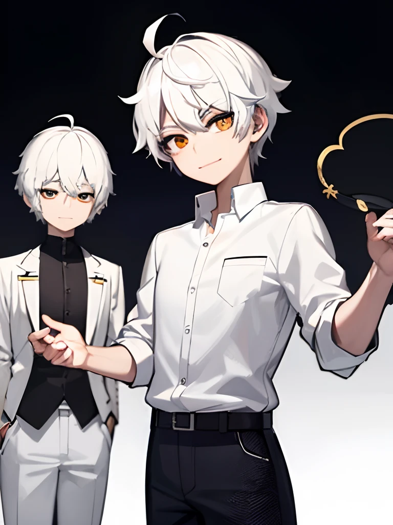 ((masterpiece、top-quality))、(独奏)、(Male Focus)、(Ahoge、white hair、short-hair)、Black eye、lightsmile、placket、(White shirt)、(buttonGap)、(Black jeans)、is standing、White background、back arms、dynamic ungle