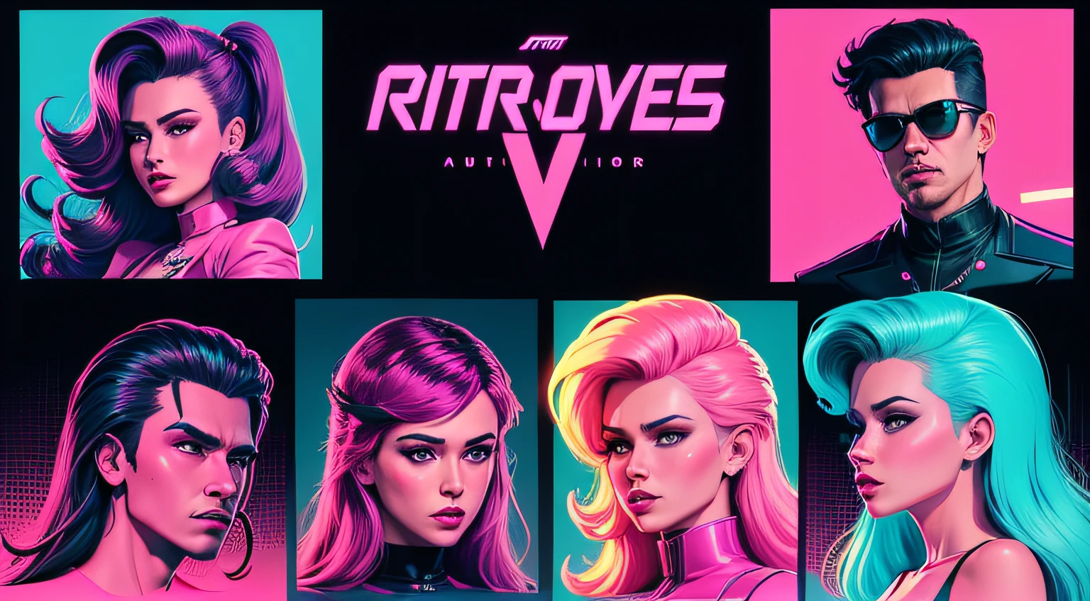 retrowave style, extremely detailed, neon pop art, outdoors, people, characters sheet, isolated, illustration art