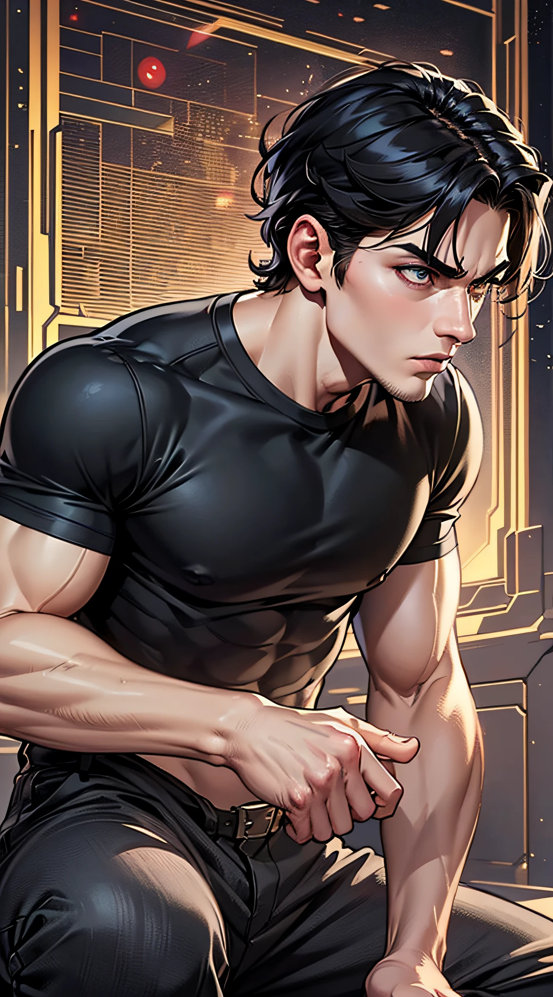 top-quality、Top image quality、masterpiece、male people((25-years old、 well-muscled、Black short-sleeved T-shirt、Long black trousers、A dark-haired、Laser Eye、Shout、macho、Kiai Pose、Kneel))hiquality、Beautiful Art、Background with((Collapse plateau))、masutepiece、Elaborate design、visualart