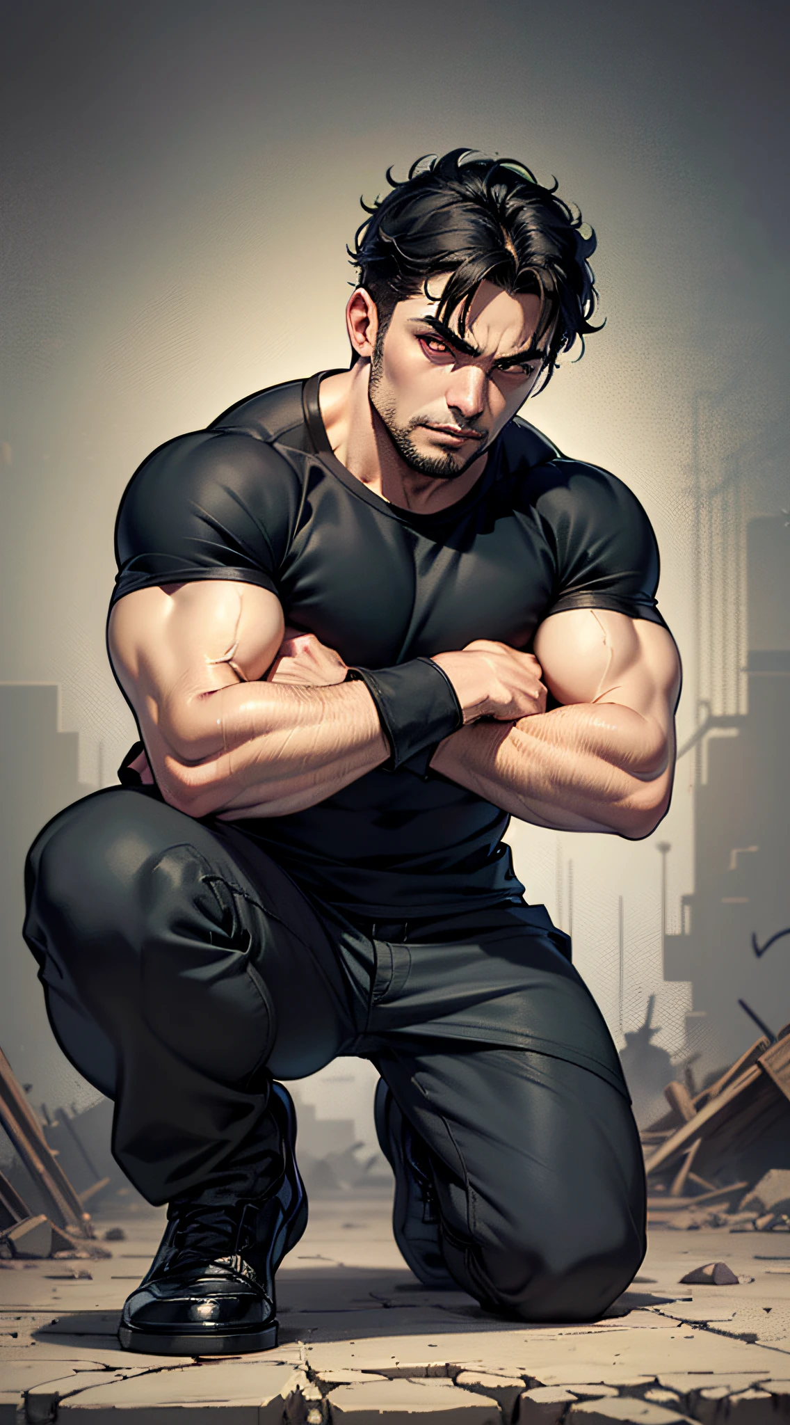 top-quality、Top image quality、masterpiece、male people((25-years old、 well-muscled、Black short-sleeved T-shirt、Long black trousers、A dark-haired、Laser Eye、Shout、macho、Kiai Pose、Kneel))hiquality、Beautiful Art、Background with((Collapse plateau))、masutepiece、Elaborate design、visualart