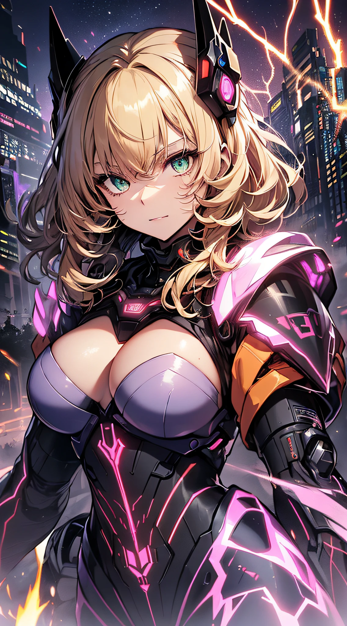 top-quality、Top image quality、masterpiece、Android Girl((、Red, Black, Red and white glowing cybersuit、Blue energy source for the chest,Best Bust、Bust 90、Blonde Away Tail、Blue-green eyes、open chest wide、Valley、Happiness、A slender、Warlike face、Stand at the front、Countless cable connections throughout the body、Particles of light、Sharp claw arm,Dual-arm laser cannon、battered body、battleing、Giant Cybersword、Flight Units、mid air、Glowing eyes))hiquality、Beautiful Art、Background with((Blue lighting、Green particles、Red Laser Pointer、Purple swirl,Yellow flash、Pink lightning、Cyberfield、luminous sky,Overlooking the town))、masutepiece、Elaborate design、visualart、Theatrical films