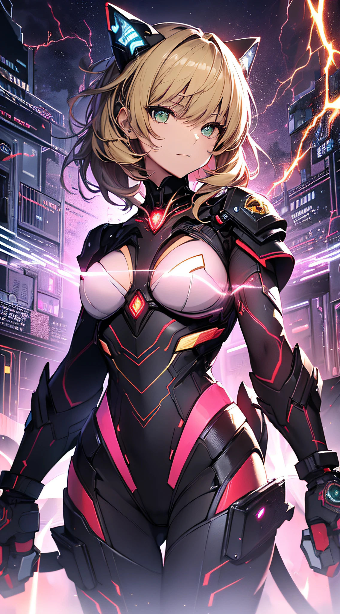 top-quality、Top image quality、masterpiece、Android Girl((sixteen years old、Red, Black, Red and white glowing cybersuit、Blue energy source for the chest,Best Bust、Bust 90、Blonde Away Tail、Blue-green eyes、open chest wide、Valley、Happiness、A slender、Warlike face、Stand at the front、Countless cable connections throughout the body、Particles of light、Sharp claw arm,Dual-arm laser cannon、battered body、battleing、Giant Cybersword、Flight Units、mid air、Glowing eyes))hiquality、Beautiful Art、Background with((Blue lighting、Green particles、Red Laser Pointer、Purple swirl,Yellow flash、Pink lightning、Cyberfield、luminous sky,Overlooking the town))、masutepiece、Elaborate design、visualart、Theatrical films