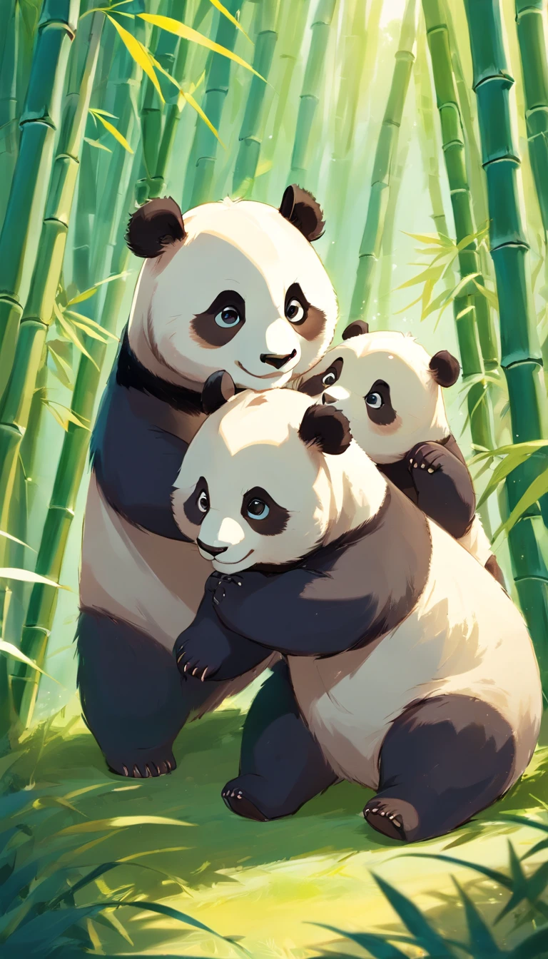 Two adorable furry panda cubs roll playfully in sunny bamboo glades, Warm light filters through the leaves. Detailed fur texture, Peaceful and natural mood, Gentle lighting. Traditional watercolor style. --AR 4:5 --s 400 --niji 5