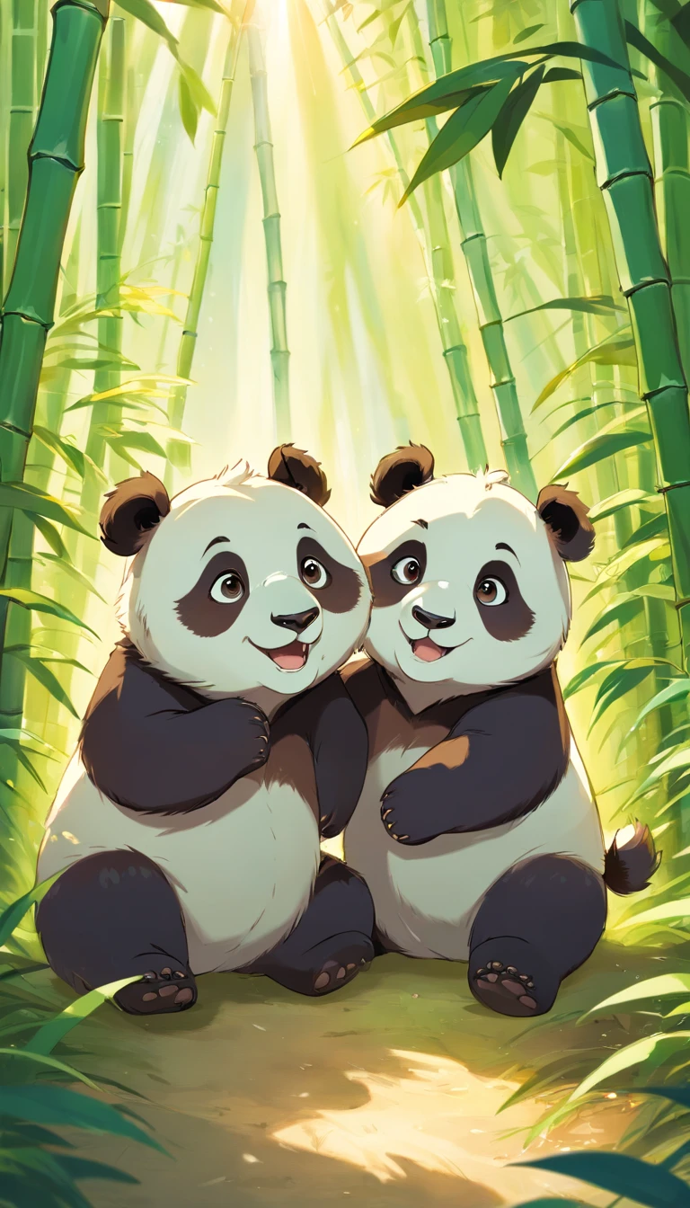 Two adorable furry panda cubs roll playfully in sunny bamboo glades, Warm light filters through the leaves. Detailed fur texture, Peaceful and natural mood, Gentle lighting. Traditional watercolor style. --AR 4:5 --s 400 --niji 5