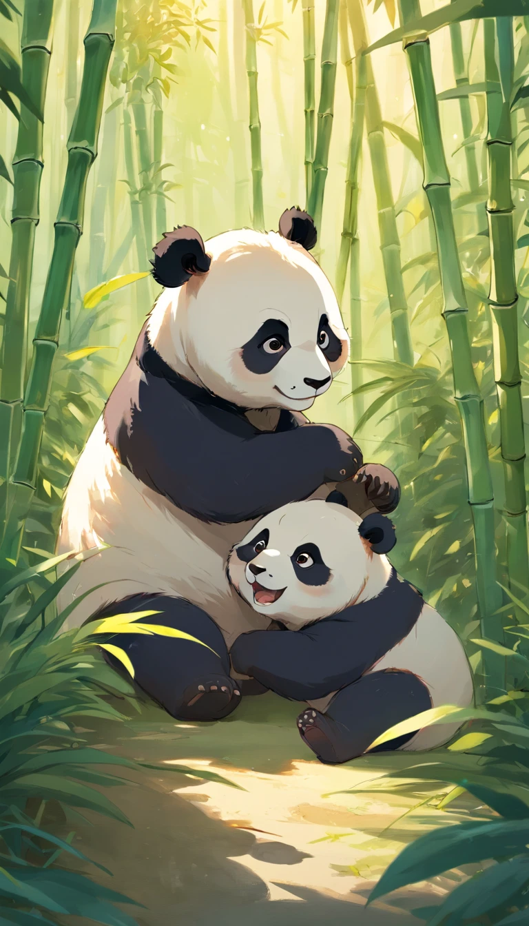 Two adorable furry panda cubs roll playfully in sunny bamboo glades, Warm light filters through the leaves. Detailed fur texture, Peaceful and natural mood, Gentle lighting. Traditional watercolor style. --AR 4:5 --s 400 --niji 5