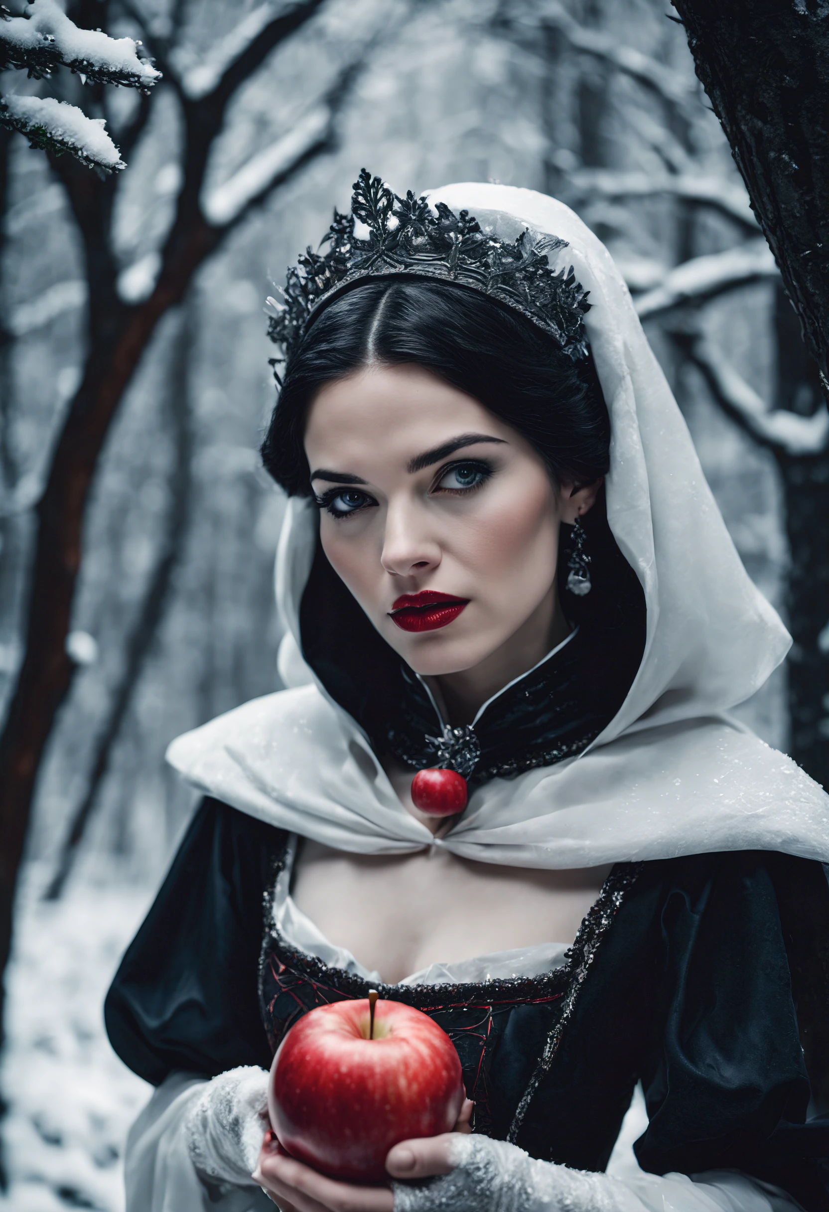 high quality cinematic (black and white) photo of snow-white holding a (bright-red) apple in an enchanted forest, close shot, detailed face, dramatic, high detail, high resolution, 8k, high saturation