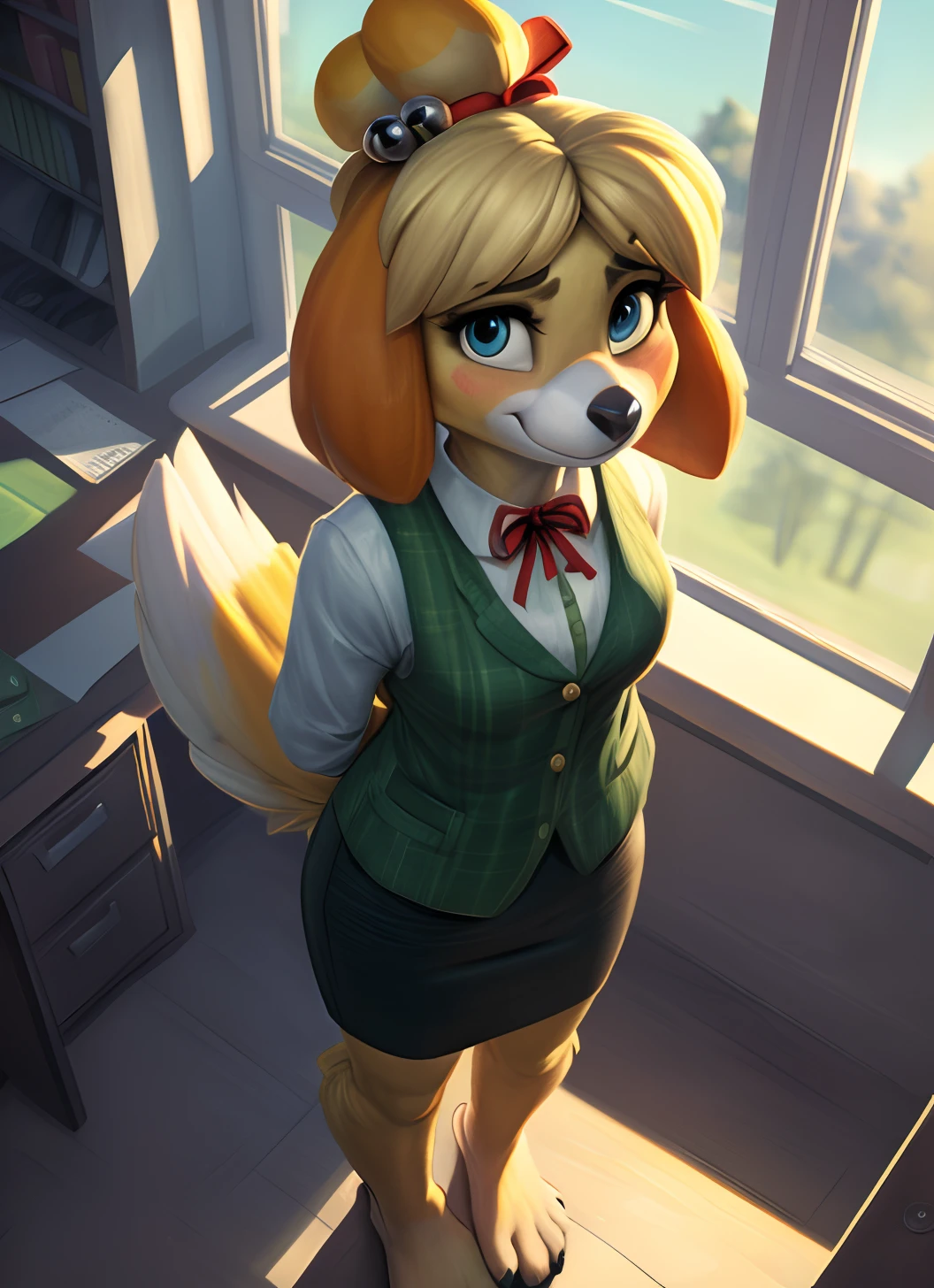 [isaCrossing], [Isabelle; Animal Crossing], [Uploaded to e621.net; (Pixelsketcher), (wamudraws)], ((masterpiece)), ((solo portrait)), ((bird's-eye view)), ((feet visible)), ((furry; anthro)), ((detailed fur)), ((detailed shading)), ((beautiful render art)), {anthro; (yellow fur, black nose), small brown eyebrows, cute blue eyes, cute smile, (blushing), blonde hair, (bells in hair), topknot, fluffy tail, (beautiful feet)}, {(office woman), (red ribbon), (green vest), (white shirt), (short green pencil skirt)}, {(arms behind back), (standing), (pigeon-toed)}, [background; (office), (window), (sun rays)]