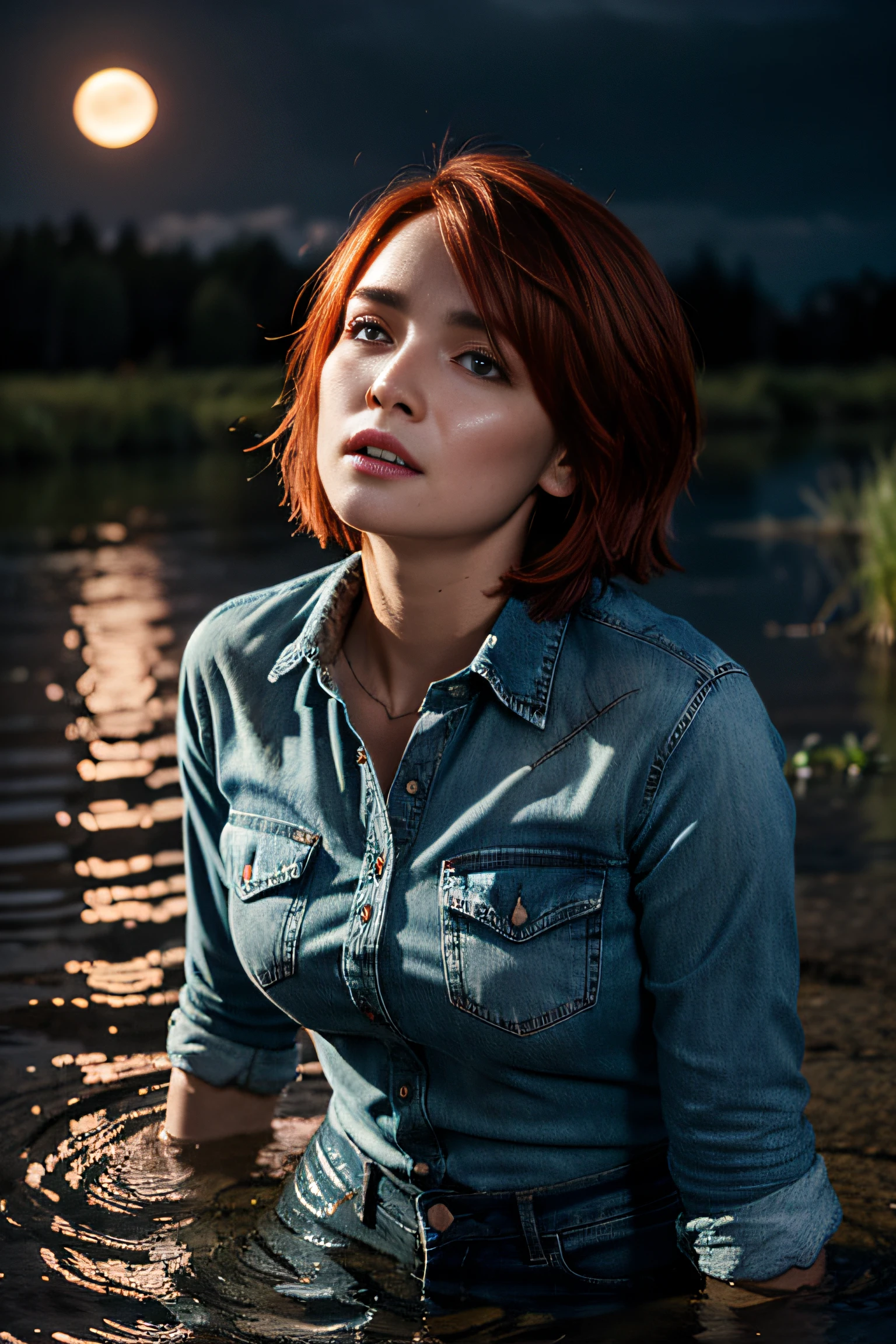 Dynamic frame, (distraught with lust), The woman, despair, (drowning in a swamp),standingn,In jeans and a flannel shirt. Very sweaty face, strong blush, Black Night Sky, Clouds, luna, woods, Copper-red hair, Bob haircut