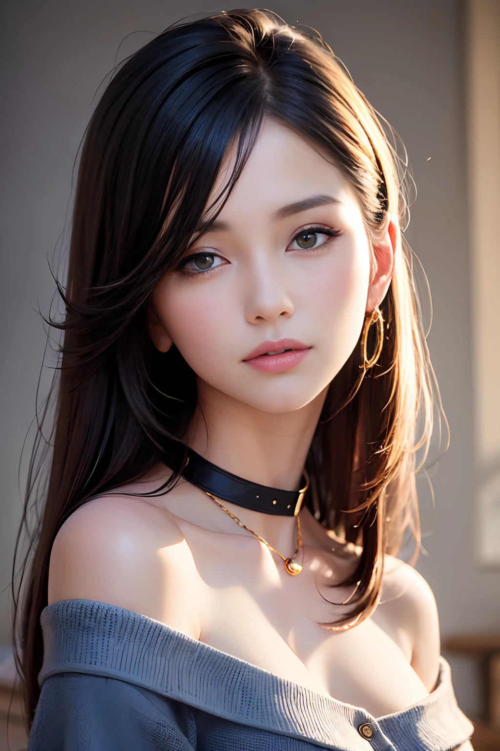 (Masterpiece: 1.3), (8k, Photorealistic, RAW Photo, Best Quality: 1.4), (1girl), Beautiful Face, (Realistic Face), (Black Hair, Short Hair: 1.3), Beautiful Hairstyle, (Bangs), (Smile), Smile, Realistic Eyes, Gloss, Highlights, Highlights in the Eyes, Eyelashes, Beautiful Detail Eyes, (Realistic Skin), Beautiful Skin, Transparency, Off Shoulder, Red knit, blue knit, black shoulder strap, shoulder strap, thick choker, bust, smile, tooth, absurdity, attractive, ultra high resolution, ultra-realistic, high definition, golden ratio, crystal clear eyes, wet, mole, gaze on camera, ears, sparkle, long neck, double eyelids, big eyes, cheeks, gentle character, attractive personality, gentle, touching, overwhelming charm, bright personality