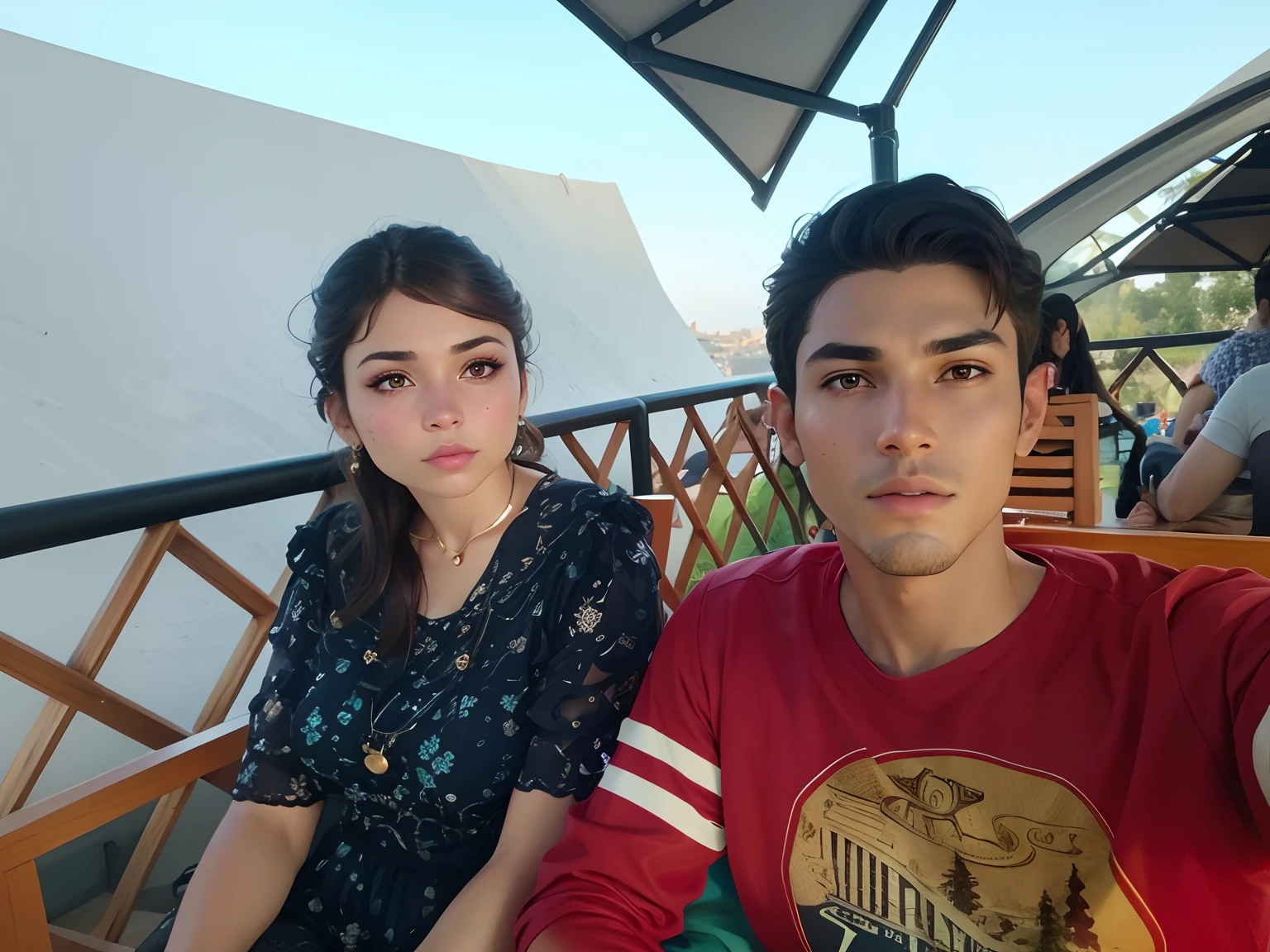 a close up of 2 person with brown hair, with glowing purple eyes, latina, styled 3d, realistic, glowing, high quality camera, women and man