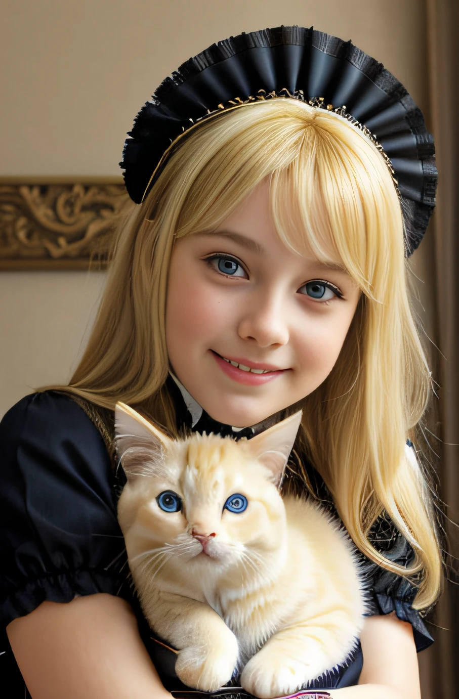 1girl,12 years old,(cleavage between breasts:1.4), european girl, (bright blonde hair:1.4), blue eyes, beautiful eyes, extremely pretty, cute, perfect face, fascinating smile, captivating smile, happy smile, large round eyes, Gentle facial expression, (holding a cute kitten:1.3), looking at viewer,  masterpiece,realistic, white panties,round big eyes, shiny skin,small nostrils,light makeup, (french traditional black maid costume:1.2) ,maid headdress, short hair, socks, shallow depth of field,