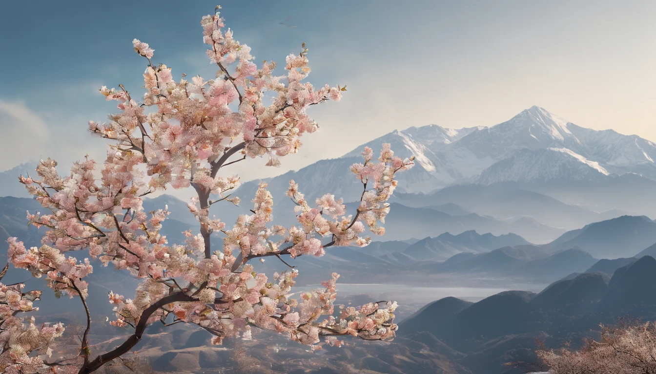 Laurel branches,Shot at a 15-degree elevation angle for medium and close ranges,petals,Osmanthus flowers flying,Top daylight,Refreshing style,Snowy mountains in the distance,Ultra-clear image quality
