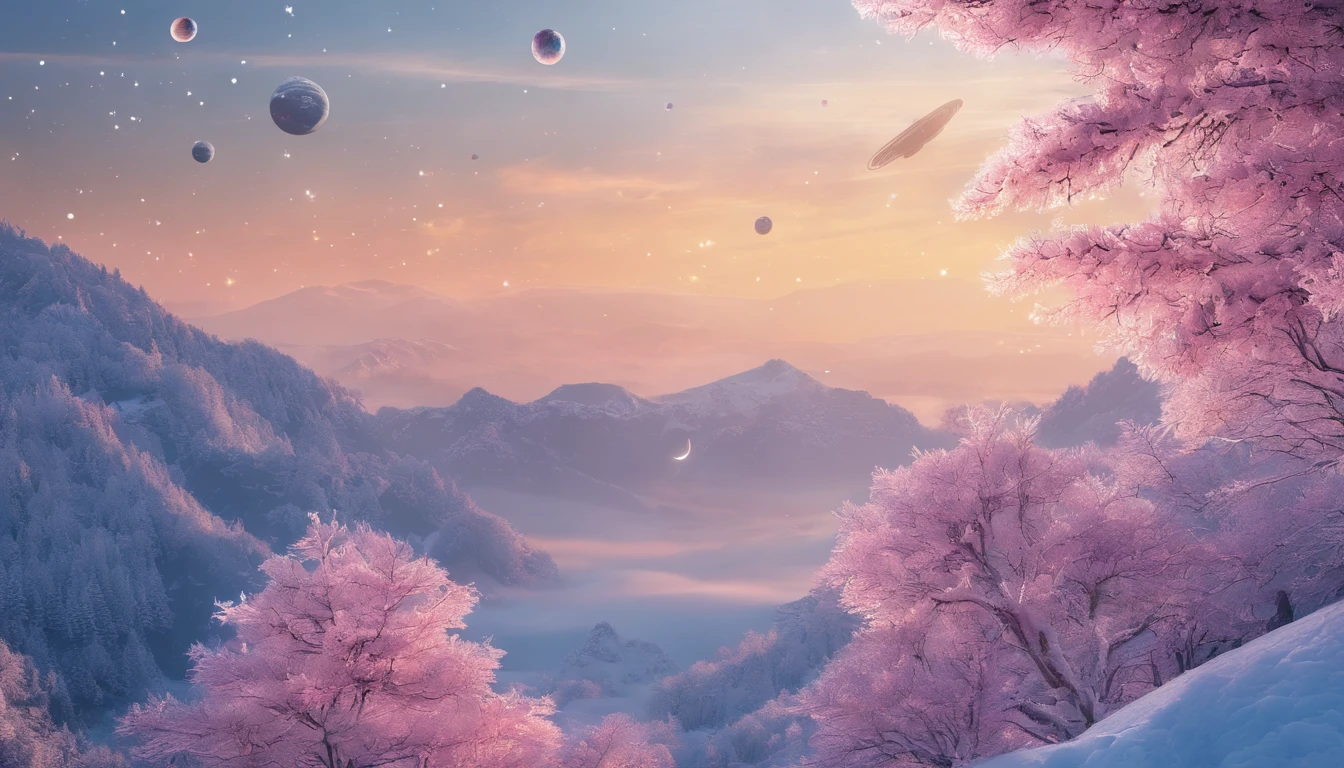 Laurel branches,Shot at a 15-degree elevation angle for medium and close ranges,petals,Osmanthus flowers flying,Top daylight,Refreshing style,Snowy mountains in the distance,Ultra-clear image quality