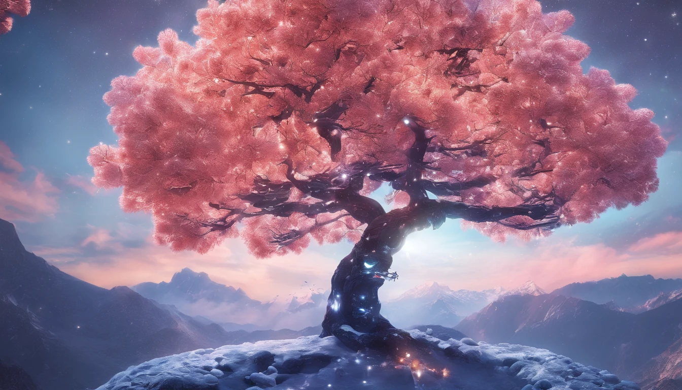 Laurel branches,Shot at a 15-degree elevation angle for medium and close ranges,petals,Osmanthus flowers flying,Top daylight,Refreshing style,Snowy mountains in the distance,Ultra-clear image quality