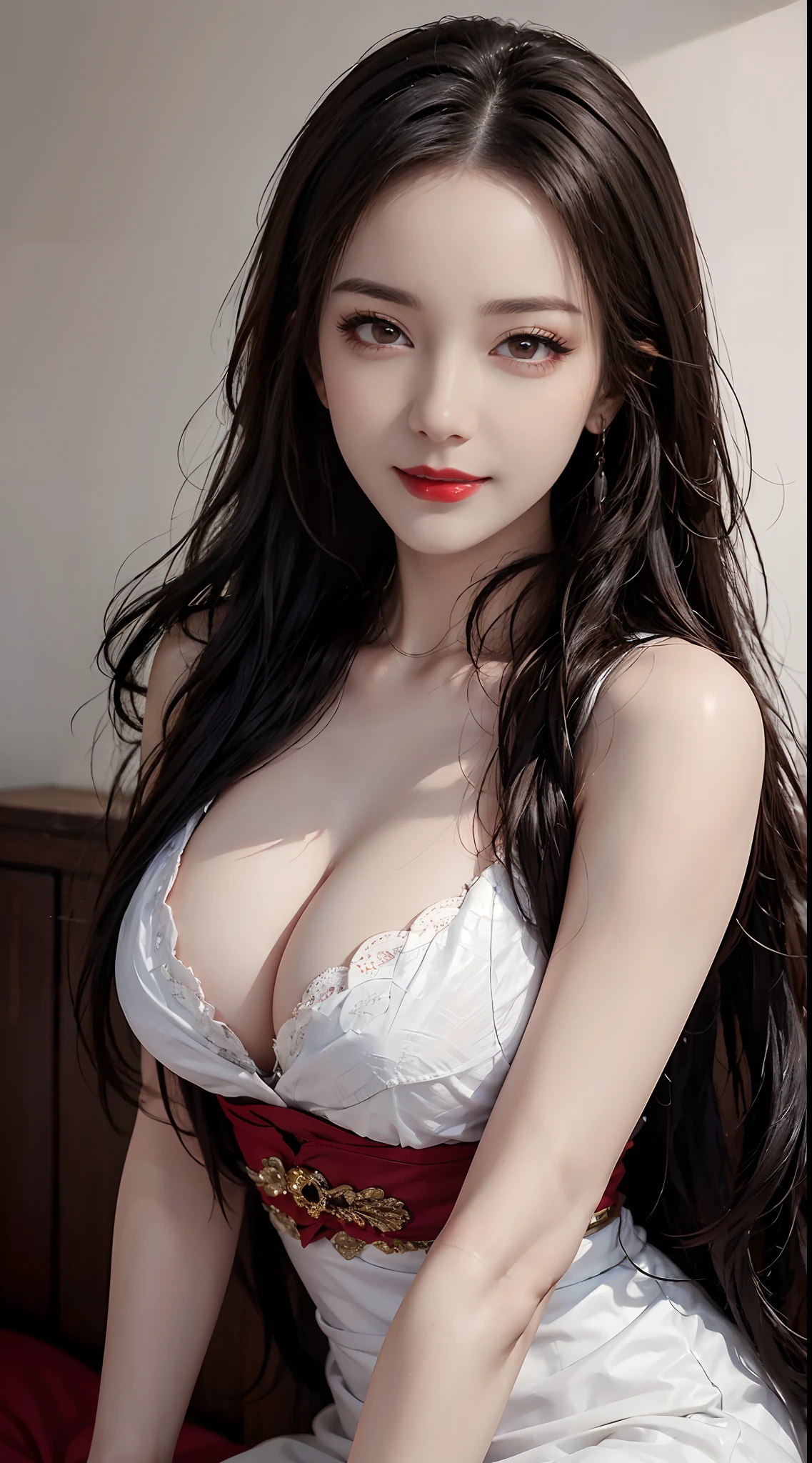 "1 beautiful girl in national costume, Wearing a bright red traditional ao dai, Ao dai with red as the main color, Black chest border and gold border, long hair and white bangs,,,,,,, The most detailed and beautiful hair jewelry, Super cute little face, Very pretty face, Sparse eyebrows, The most perfect beautiful face, ((Black pupil:0.8)), Very beautiful eyes, ((Eyes red:1.4)), Beautiful and detailed eyelashes and very magical makeup, High Nose, earrings, thin lips, Red lips, No smiling, Beautiful lips, Rosy face, Clean face, Perfect beautiful face , smooth white skin, (Big breasts: 0.9)), Brams' chest, ((Large, Super Round Chest): 0.9)), ((Super tight breasts: 1.2)), ((Breast augmentation surgery: 0.8)), Beautiful breasts, Sitting on the floor, Sitting with legs wide open, Thighs are wide and not shy, hands behind back, Chest forward, Tilt slightly, Beautiful girl's upper body, 8k photo, ultra-quality, Hyper realistic, 10x Super Pixels, photographrealistic, bright studio, Bright edges, Two-tone bright colors, (high detailing) skin: 1.2), 8k ultra, Soft light, High quality , Volumetric lighting, Realistic, Photos, High resolution, light, Best Photo, 4K, The 8k quality, Blur effect, Smooth and sharp, 10x pixel, Aurora, Lightning, Super Graphics , The most realistic graphics,(Red flower background: 1.7), Alone, Solo, Portraits 9:16, Very sharp, Surreal images."