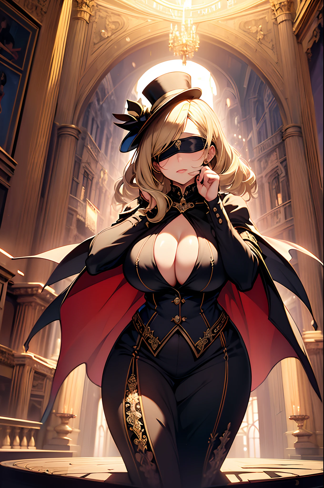 masterpiece, highlydetailed, intense shadows, (masterpiece:1.5) (bestquality) highlydetailed ultra-detailed (blonde hair) (Blindfolded) (curvy figure) (mature woman) (magician)in the baroque architecture, on a stage, with a magician wearing a top hat and a cape, surrounded by floating playing cards, with a burst of colorful fireworks in the background