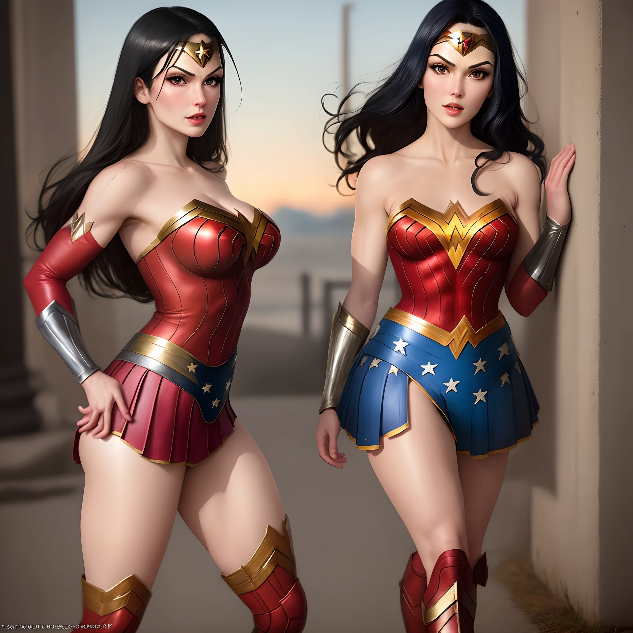 (Wonder woman), thicc school 1girl wearing thighhighs pleated skirt, skirt pull, skirt lift, revealing panties, short skirt, gorgeous features, clear face, symmetrical face, beautiful face, rendered eyes, detailed eyes, beautiful hair, smile, long legs, [thick|slender] bare thighs, thigh gap, natural breasts, symmetrical breasts, perfect breasts, anatomy, athletic, fit, in shape, exotic, alluring, mature, masterpiece portrait, extreme detail, (character focus:1.4), highly detailed, 8k octane, HDR, ultra detailed, best quality, highest quality, realistic lighting, hyperdetailed