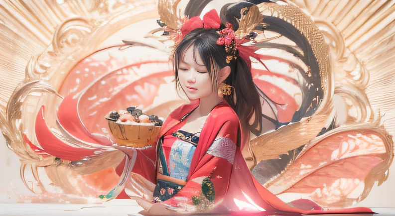 {{{{{illustration}}}}},street, tee shirt, jeans overalls,1 Kung Fu Fairy, Hainan in the 1980s, Retro, Short wavy brunette ponytail, (Masterpiece), (Extremely detailed Cg Unity 8K wallpaper), Intricate, ((Photorealistic)),having fun,With his eyes closed,1girll,Chinese Dragon,Chinese girl,female focus on, {{colored ink drawing}},{{ink spatter}},{{Color splattering}},{{{Colorful}}},{{Sketch}}, Masterpiece,Best quality, Beautifully painted,Highly detailed,Full body 32K(tmasterpiece,k hd,hyper HD,32K) GBFthalatha, Black gloves, black thighhigns, Cape, Draff, brunette color hair, Horns, Large breasts, Long hair, Pointy ears, Miniskirt, Red skirt,, indoor, Cupcakes, cheerfulness, Closed eyes,(abstract ink splash:1.2)Flowing rouge,ponds,zydink, a color, Asian people (faeries), (Silk scarf), Combat posture, looking at the ground, Large rolls of rouge, Flowing rouge curls,Red onyx emerald emerald headdress, Chinese long-sleeved black gold garment, (abstract ink splash:1.2), Pink lotus background,Water lily flower protector(realisticlying:1.4),Rouge hair,The sky is in full swing,Void background pure, A high resolution, the detail, RAW photogr, Sharp Re, Nikon D850 Film Stock Photo by Jefferies Lee 4 Kodak Portra 400 Camera F1.6 shots, Rich colors, ultra-realistic vivid textures, Dramatic lighting, Unreal Engine Art Station Trend, cinestir 800,With his eyes closed,Flowing rouge