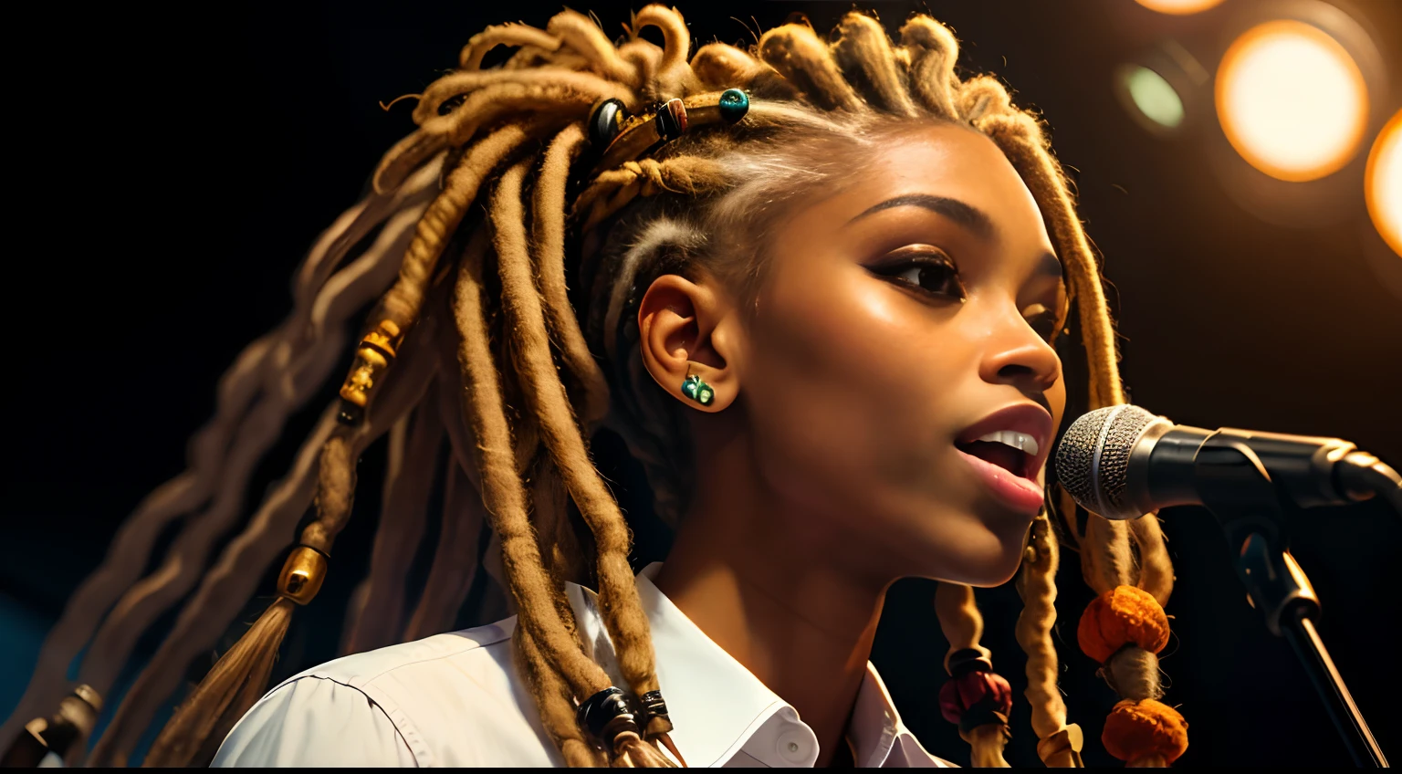 Protrait, a photo of, Neutral Hunnuman, Oval jaw, delicate features, beautifull face, , beautifull face, beautifull face, beautifull face, prefect skin, prefect skin, prefect skin, prefect skin, Long ponytail, (microphone), (Singing on the club stage), (Hip Hop), (Hip Hop), (Hip Hop), (Dreadlocks), (Dreadlocks), (Dreadlocks)