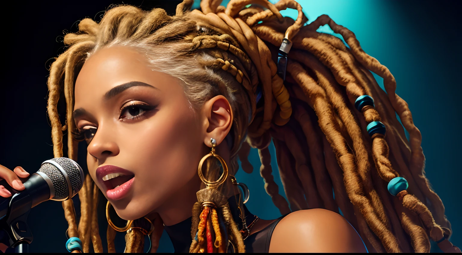 Protrait, a photo of, Neutral Hunnuman, Oval jaw, delicate features, beautifull face, , beautifull face, beautifull face, beautifull face, prefect skin, prefect skin, prefect skin, prefect skin, Long ponytail, (microphone), (Singing on the club stage), (Hip Hop), (Hip Hop), (Hip Hop), (Dreadlocks), (Dreadlocks), (Dreadlocks)