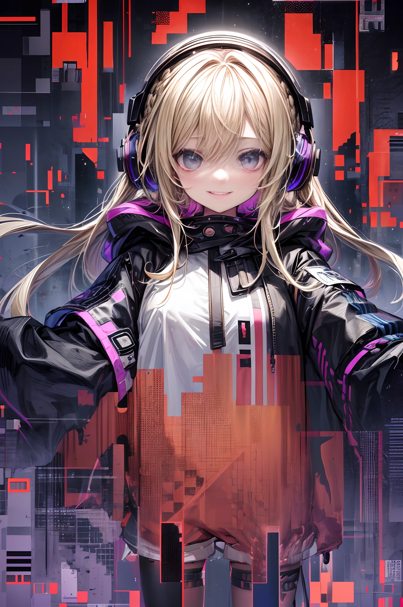 One girl, blonde hair, medium hair, long bangs, one braid on side, headphones, hair between eyes, fangs, smile, black oversized cardigan with hood, shorts, from front, (portfolio), colorful background, (glitch art: 1.3), super high quality, super fine detail, super detailed background,