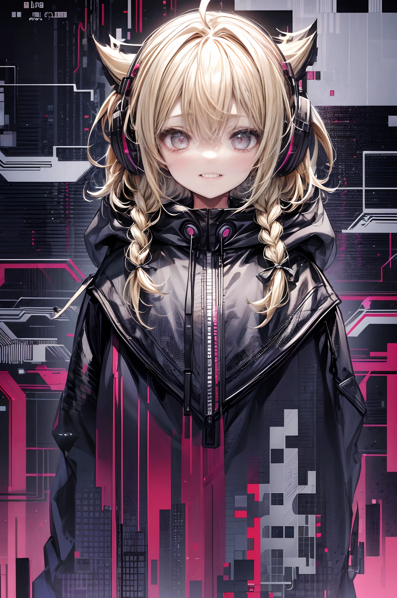 One girl, blonde hair, medium hair, long bangs, one braid on side, headphones, hair between eyes, fangs, smile, black oversized cardigan with hood, shorts, from front, (portfolio),  colorful background, (glitch art: 1.3), super high quality, super fine detail, super detailed background,