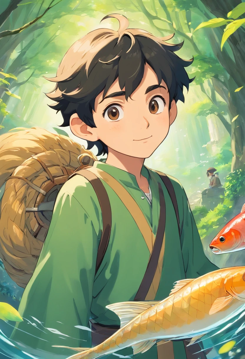 His face is rounded，The mouth is slightly upturned，The eyebrows are thick and curved upwards，The eyes are big，Black and white，Curious and enthusiastic。His hair appears bright black，Some curly，Youthful and energetic。He holds a net and a fishing rod，There will also be often a little elf around Sanshan。
