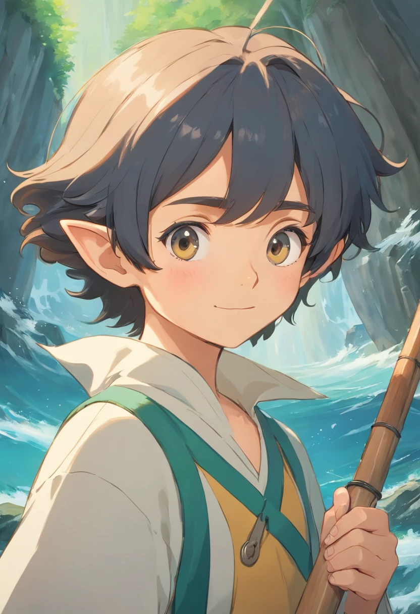 His face is rounded，The mouth is slightly upturned，The eyebrows are thick and curved upwards，The eyes are big，Black and white，Curious and enthusiastic。His hair appears bright black，Some curly，Youthful and energetic。He holds a net and a fishing rod，There will also be often a little elf around Sanshan。