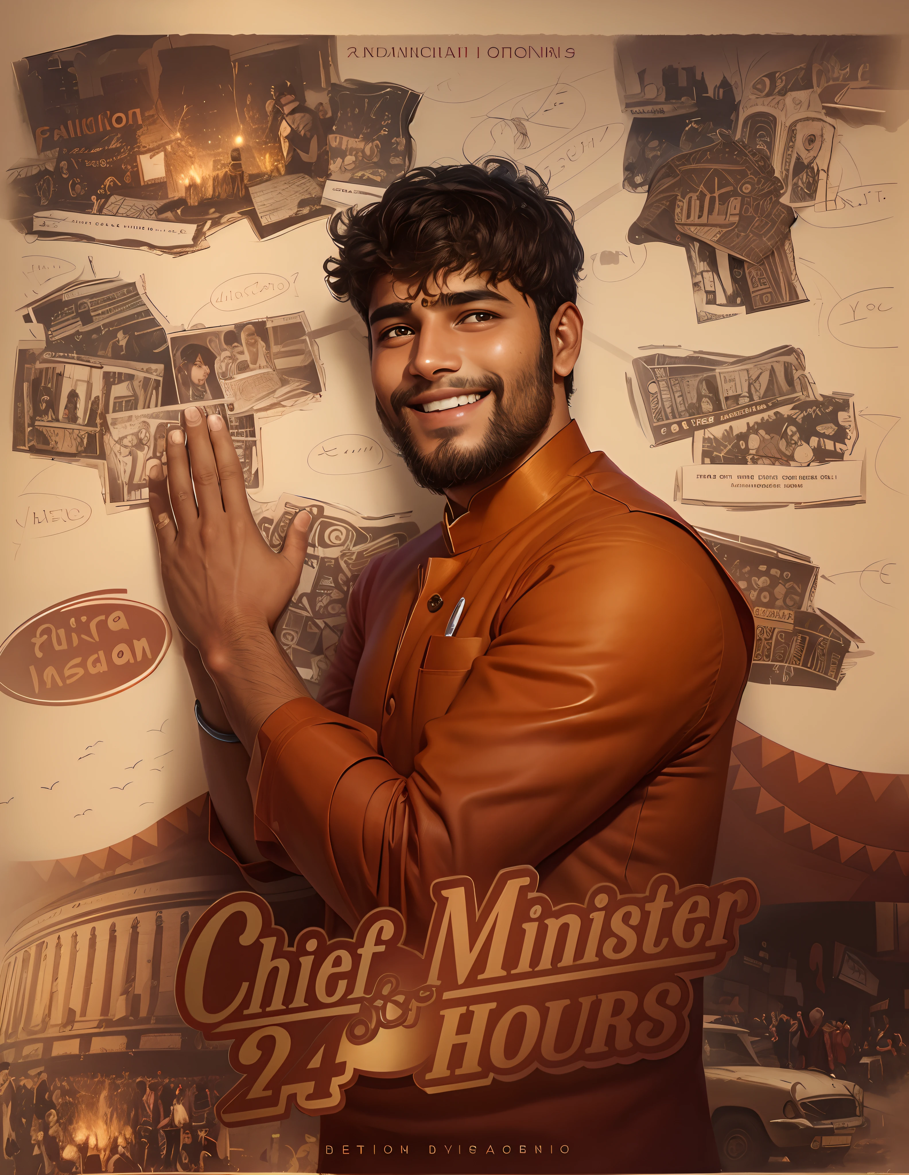 Realistic image, young ager, indian face, indian, realistic face, smiling,teeth, politician, realistic clothes, wearing saffron colour clothes