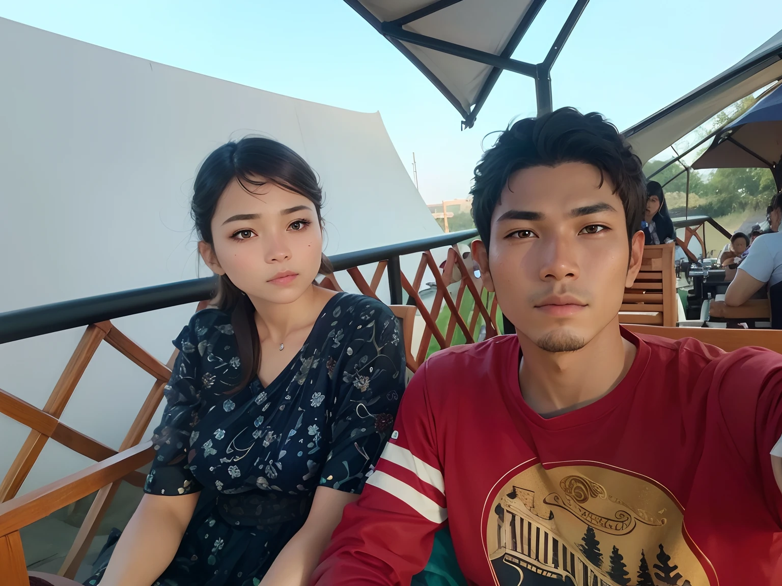 a close up of 2 person with brown hair, with glowing purple eyes, Indonesian face, realistic, realistic skin, glowing, high quality camera, women and man