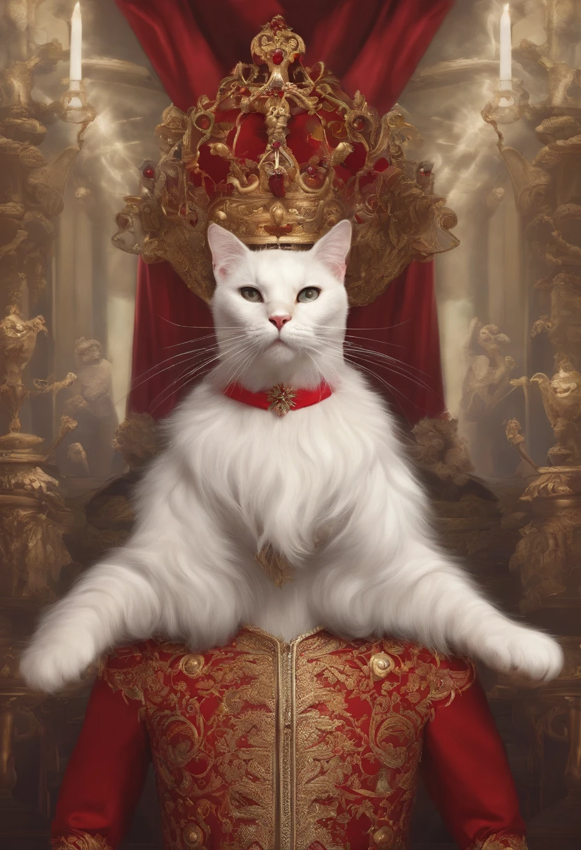 grotesque, (artwork nutcracker at the background:1.2),(lineart:1.33), 1man, portrait elf evil cat king of the rats with long white cat hair with imposing headgear, (charisma), big cat eyes, nutcracker behind,grin,red abstract decoration,burgundy,frontal iconography,fantasy gothic aesthetic,tiara,complex lighting,(atmosphere), (flat bright colors:1.2), coherent, continuity, epic, attractive, sharp lines, (occidental), (fine sharp lines)