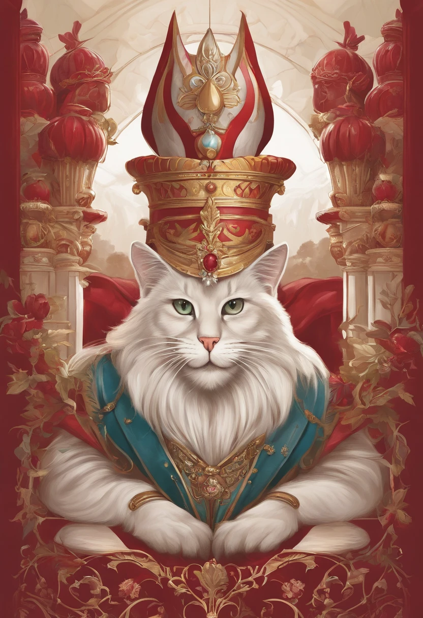 grotesque, (artwork nutcracker at the background:1.2),(lineart:1.33), 1man, portrait elf evil cat king of the rats with long white cat hair with imposing headgear, (charisma), big cat eyes, nutcracker behind,grin,red abstract decoration,burgundy,frontal iconography,fantasy gothic aesthetic,tiara,complex lighting,(atmosphere), (flat bright colors:1.2), coherent, continuity, epic, attractive, sharp lines, (occidental), (fine sharp lines)