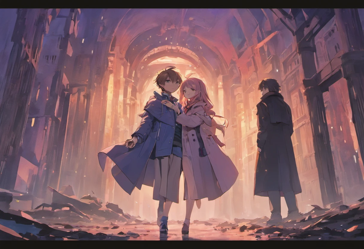 A boy in a trench coat and a female loli in a princess dress face away from the photo,Walk through vast ruins,Drifting away,Under a purple sky,In the distance, There is a blurry white monster in the fog。