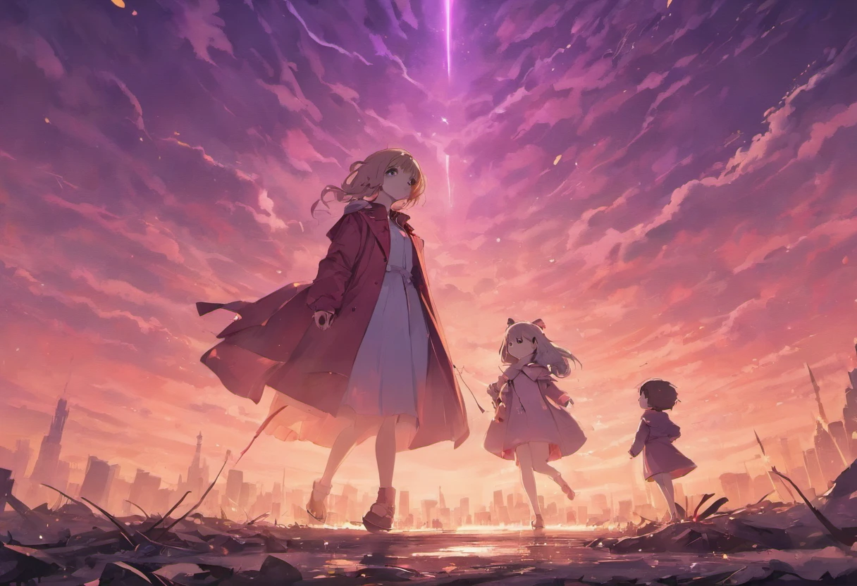 A boy in a trench coat and a female loli in a princess dress face away from the photo，Walk through vast ruins，Drifting away，Under a purple sky，In the distance, There is a blurry white monster in the fog。