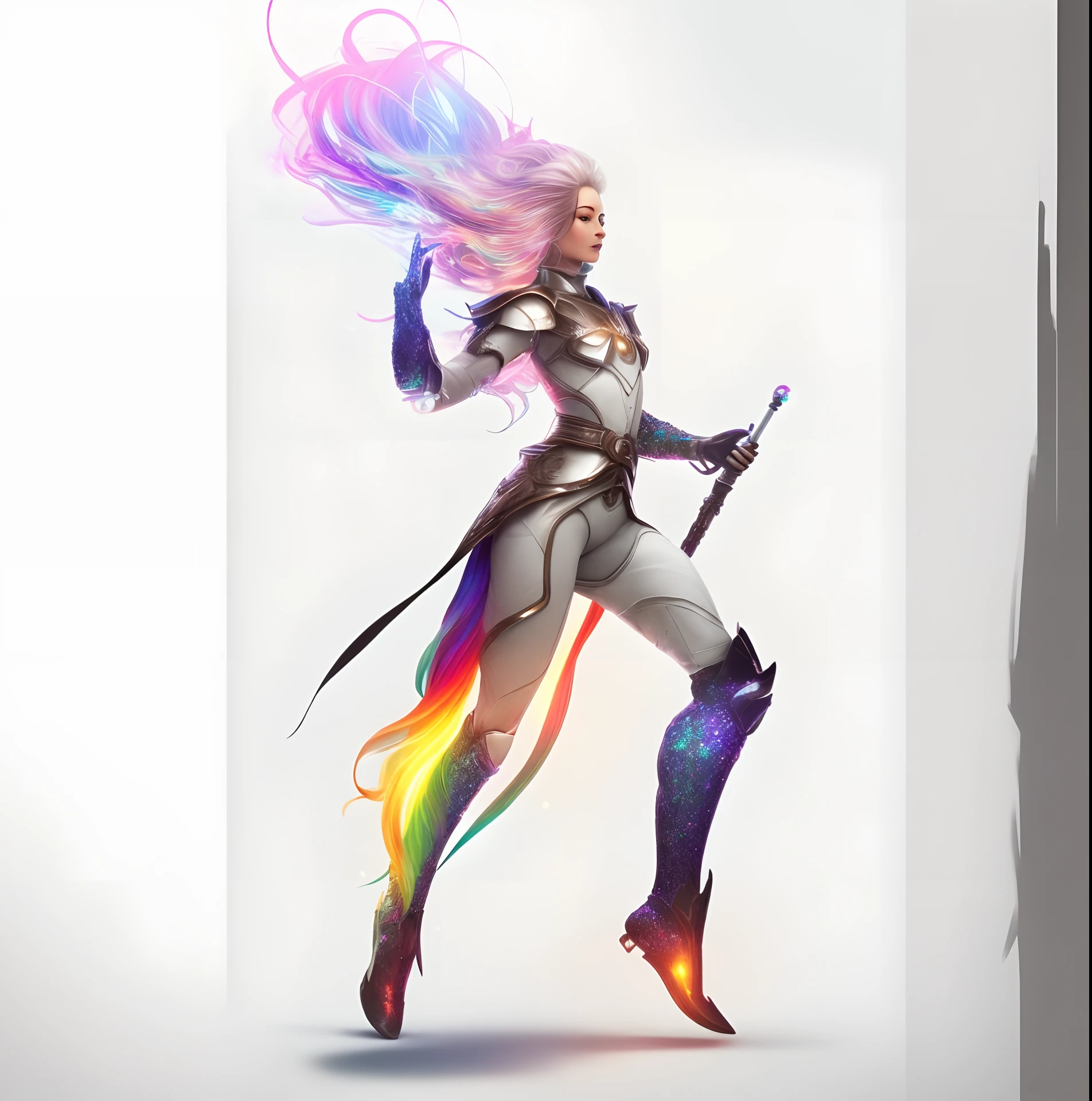 Full body character,Hand-draw style,illustration,concept art,active pose,white background,android,
Full Body portrait,ARTIFICIAL EMPATHY,holding glowing rainbow staff,active cool pose,
Android-like Russian beauty face, rainbow hair is mixed with LED rainbow lights,beautiful black boots,
rainbow glitter black opal full body sparkling armor, dramatic lighting,insanely detailed, 
wind-effect,smooth,8k,GoPro,masterpiece,